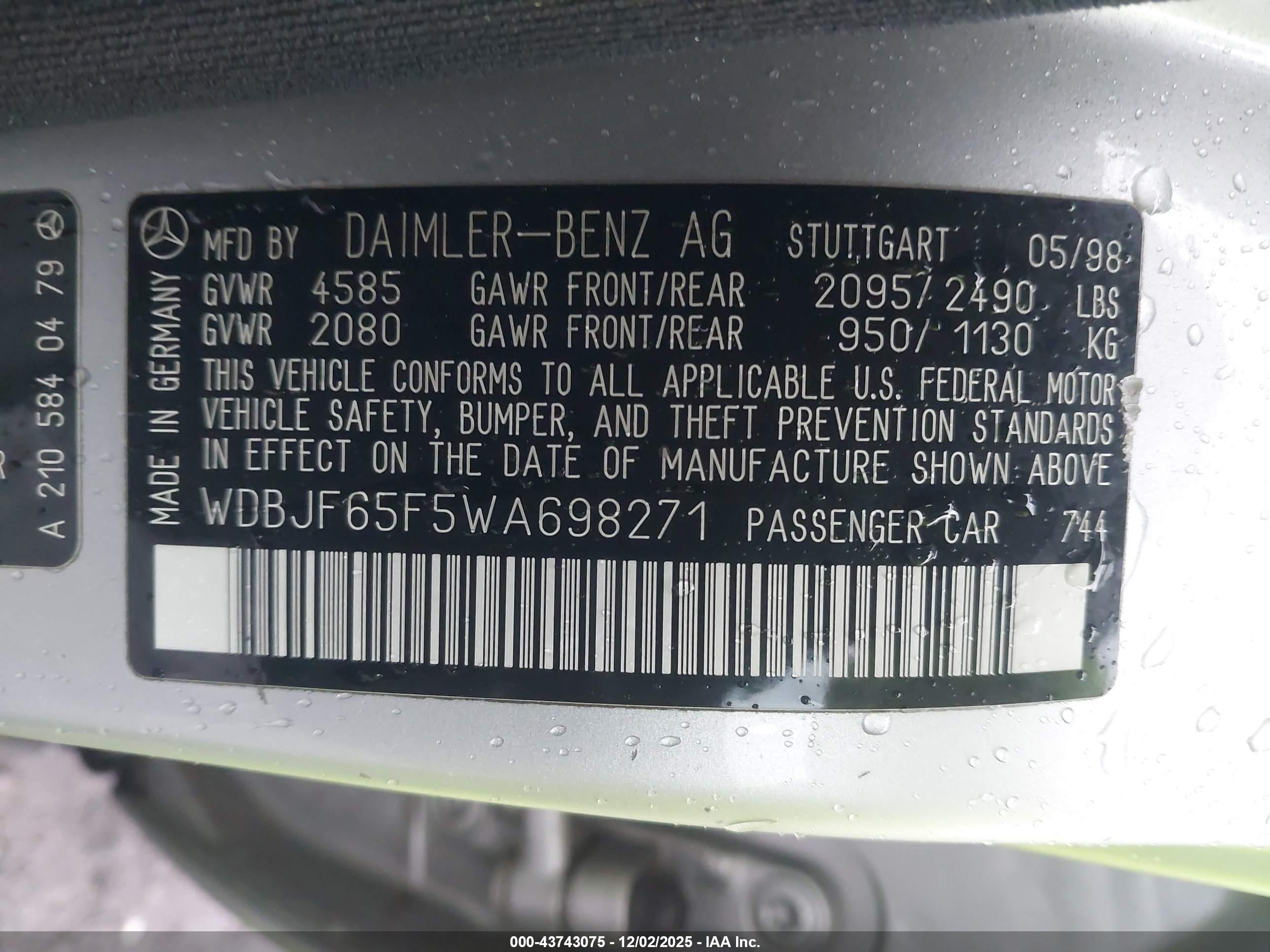 1998 Mercedes-benz E 320   Silver vin: WDBJF65F5WA698271