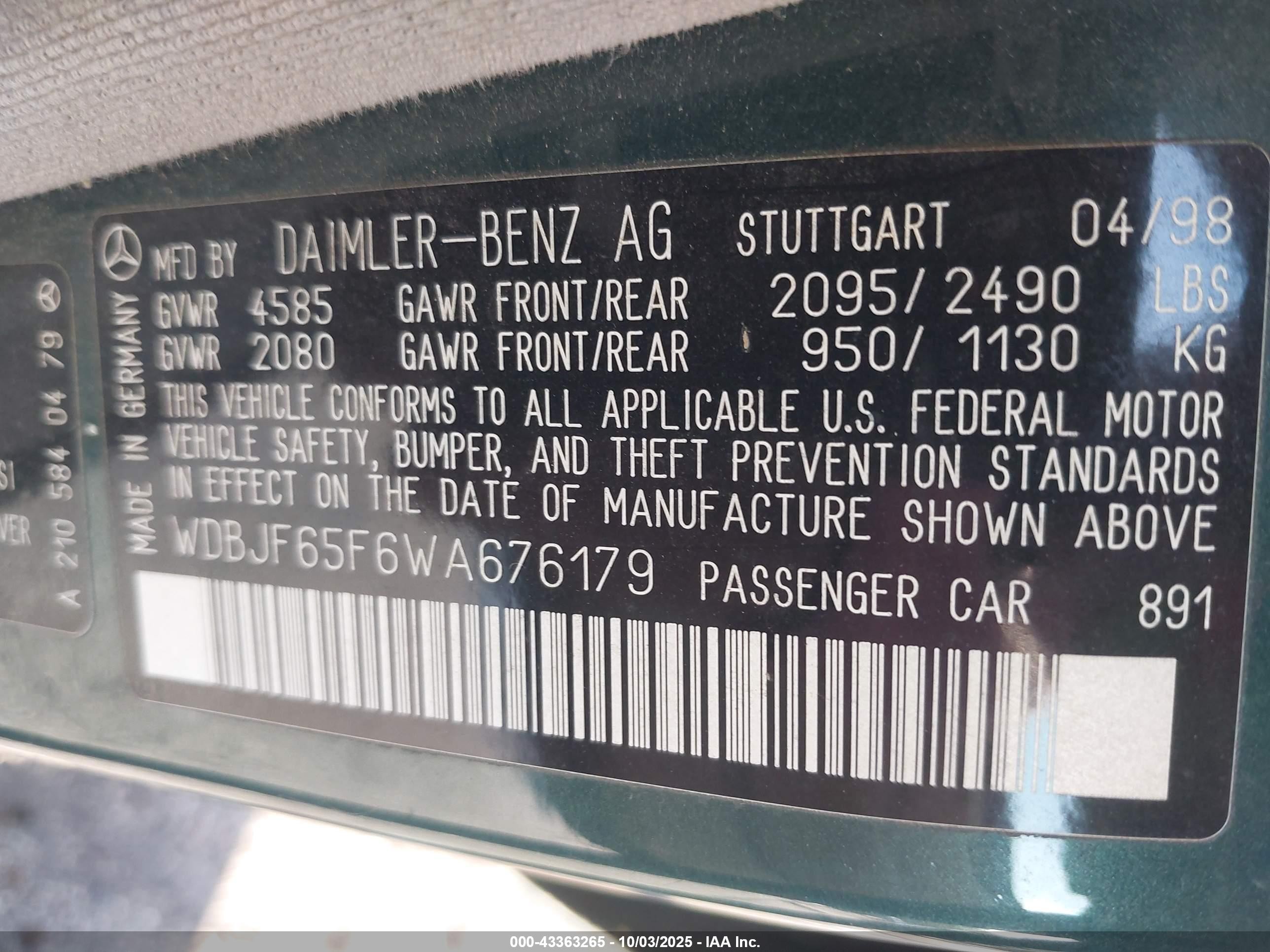 1998 Mercedes-benz E 320   Green vin: WDBJF65F6WA676179