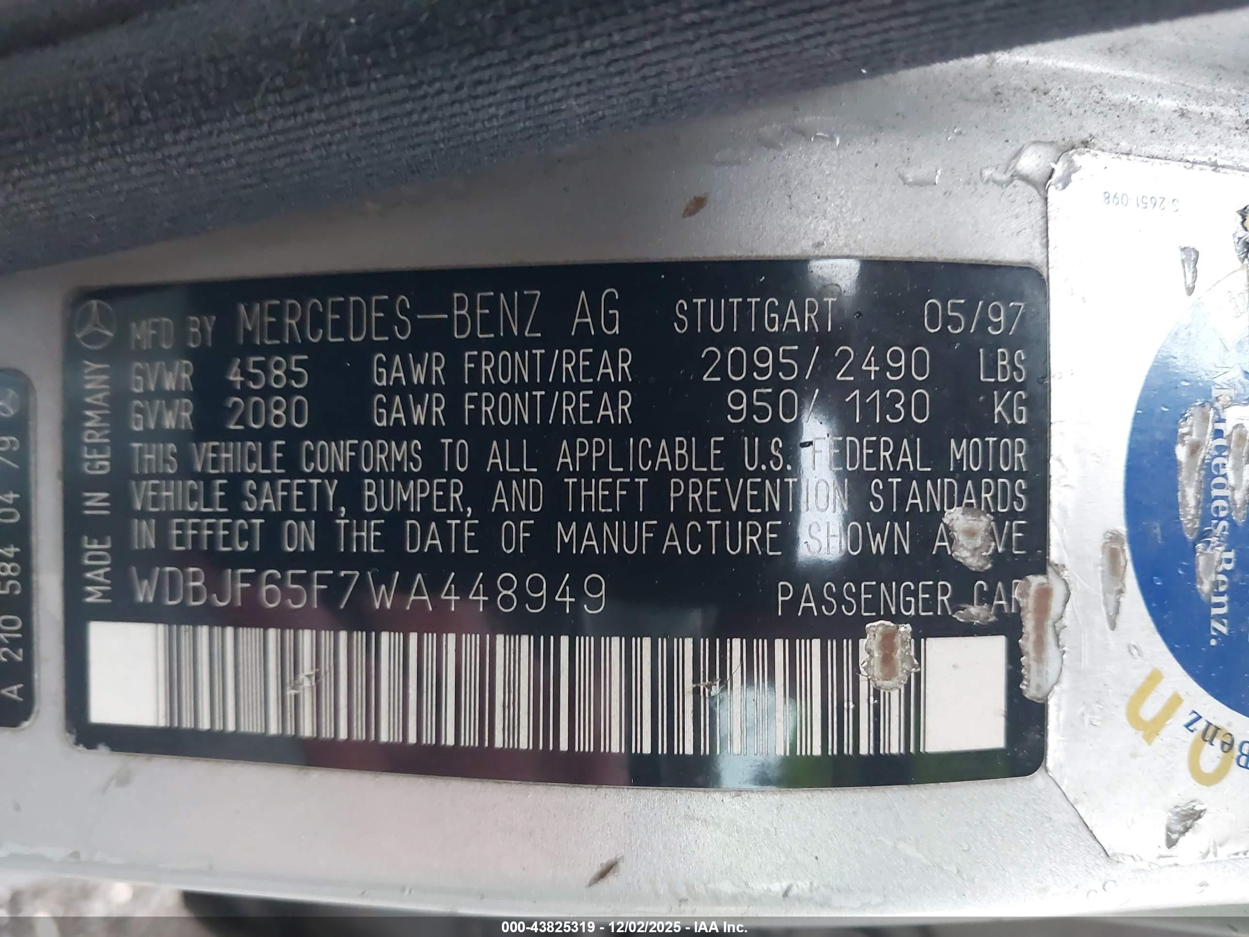 1998 Mercedes-benz E 320   Серебряный vin: WDBJF65F7WA448949