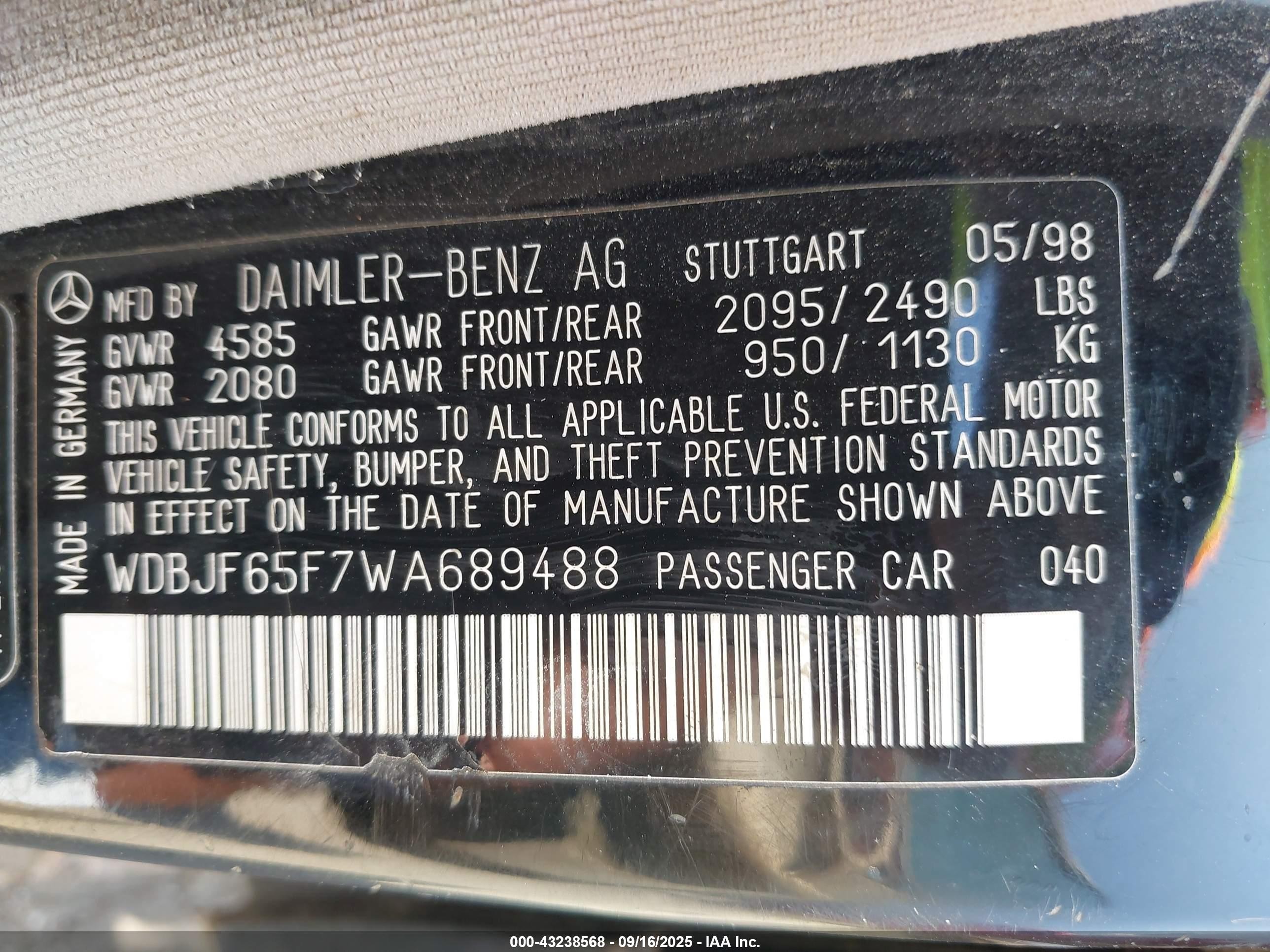 1998 Mercedes-benz E 320   Черный vin: WDBJF65F7WA689488