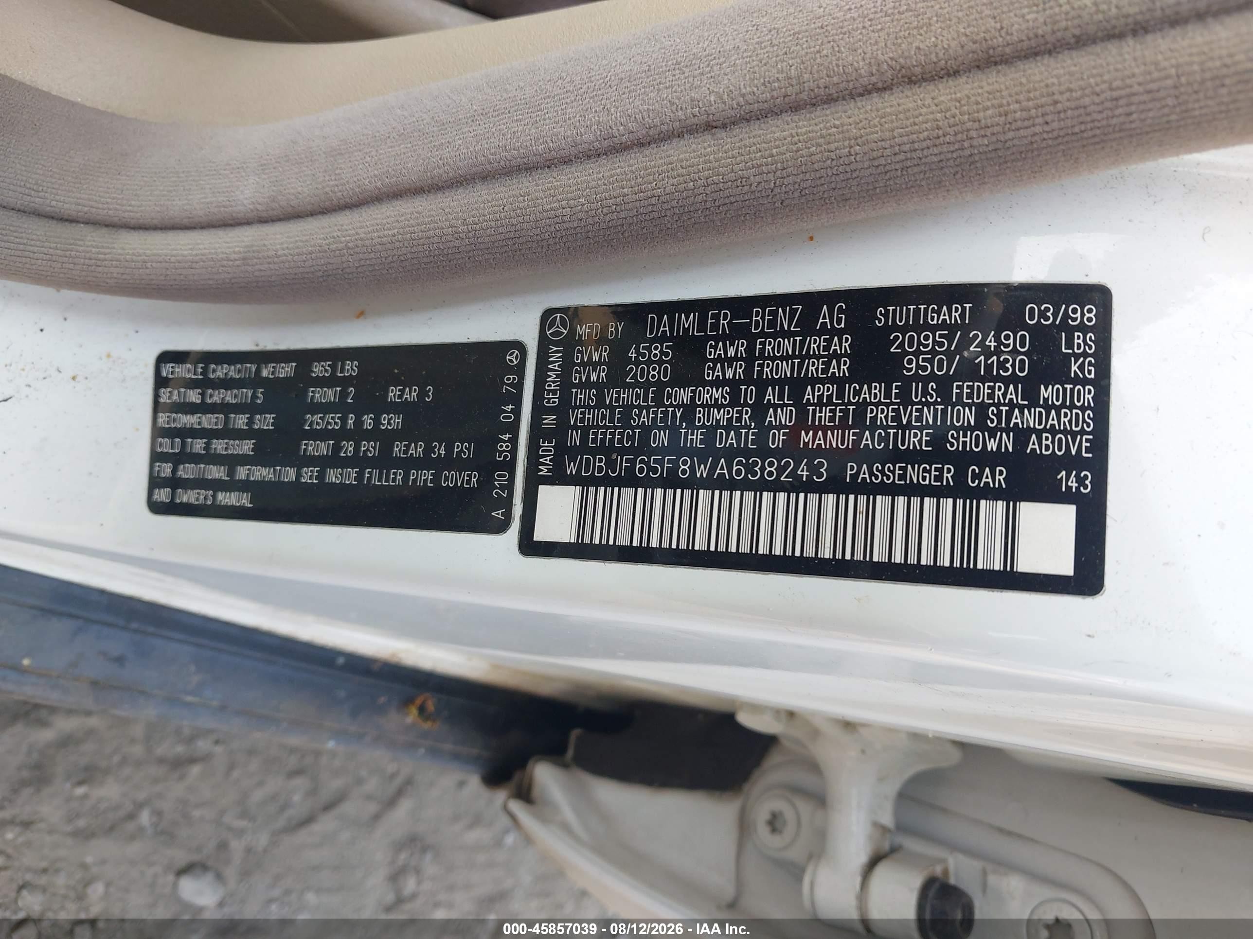1998 Mercedes-benz E 320   White vin: WDBJF65F8WA638243
