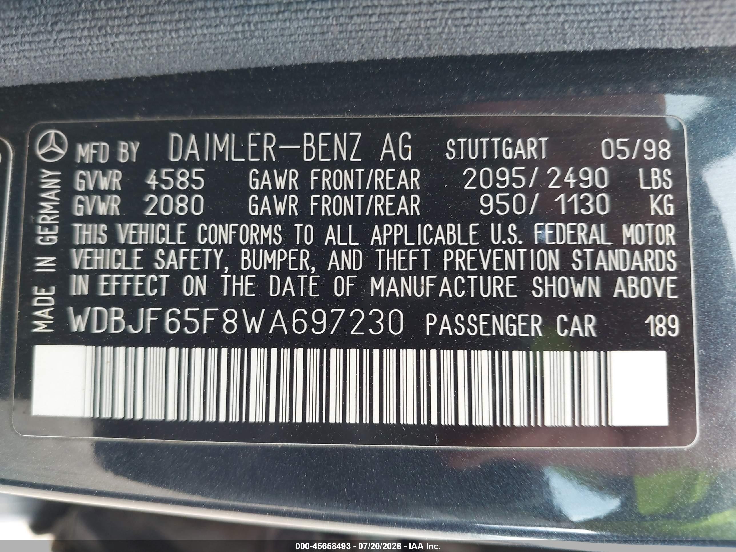 1998 Mercedes-benz E 320 Dark Blue vin: WDBJF65F8WA697230