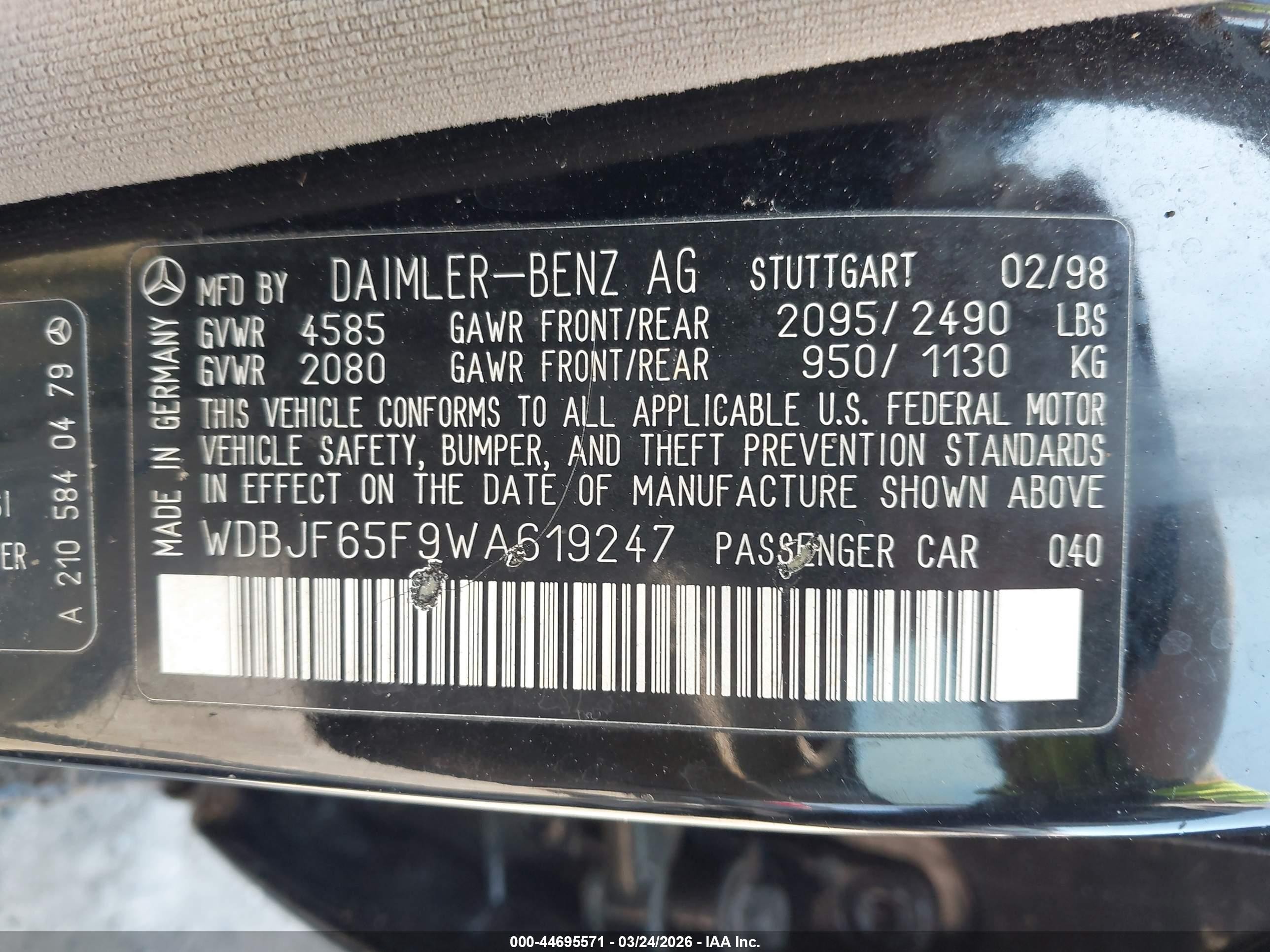 1998 Mercedes-benz E 320   Black vin: WDBJF65F9WA619247