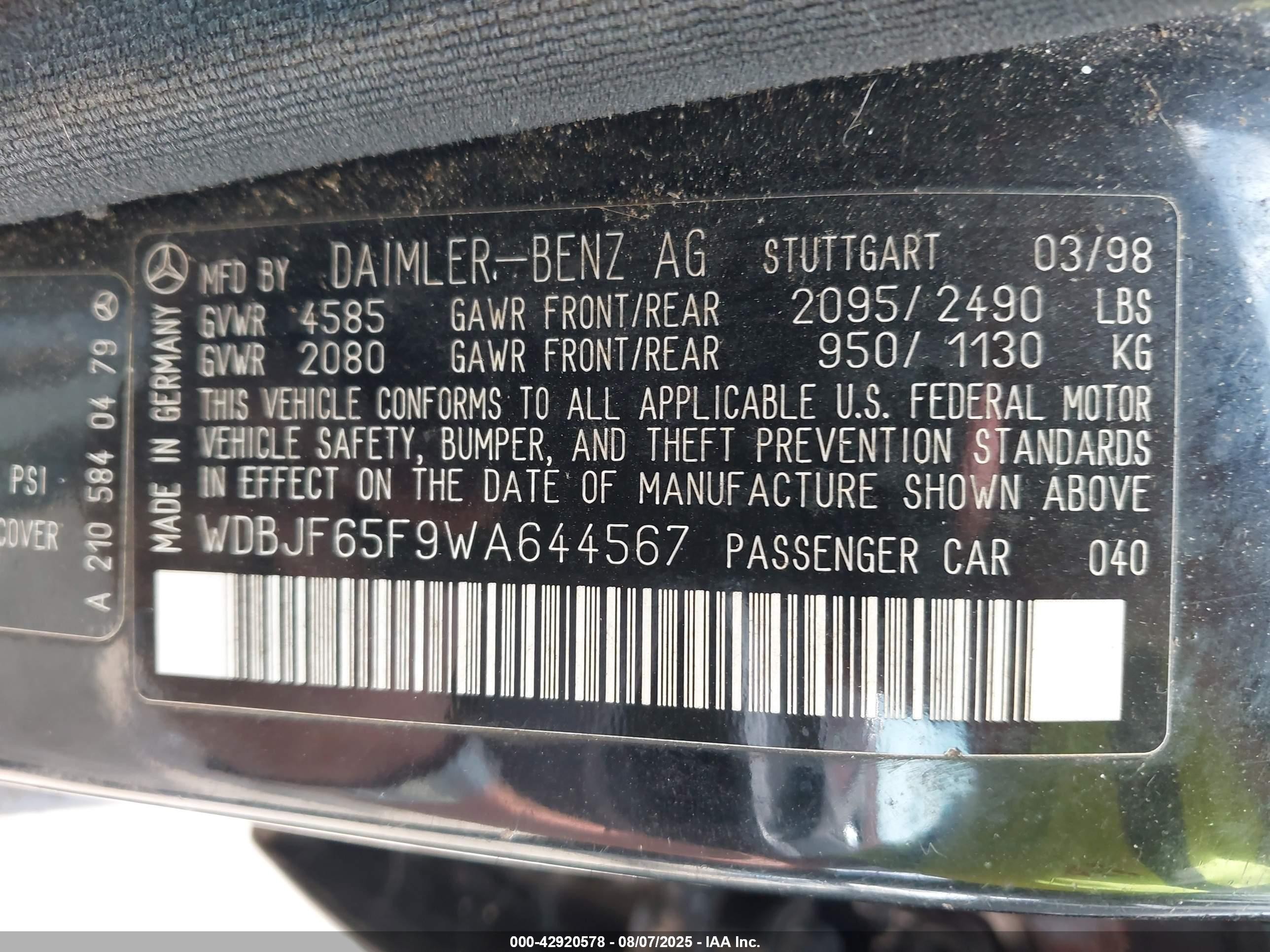 1998 Mercedes-benz E 320   Black vin: WDBJF65F9WA644567