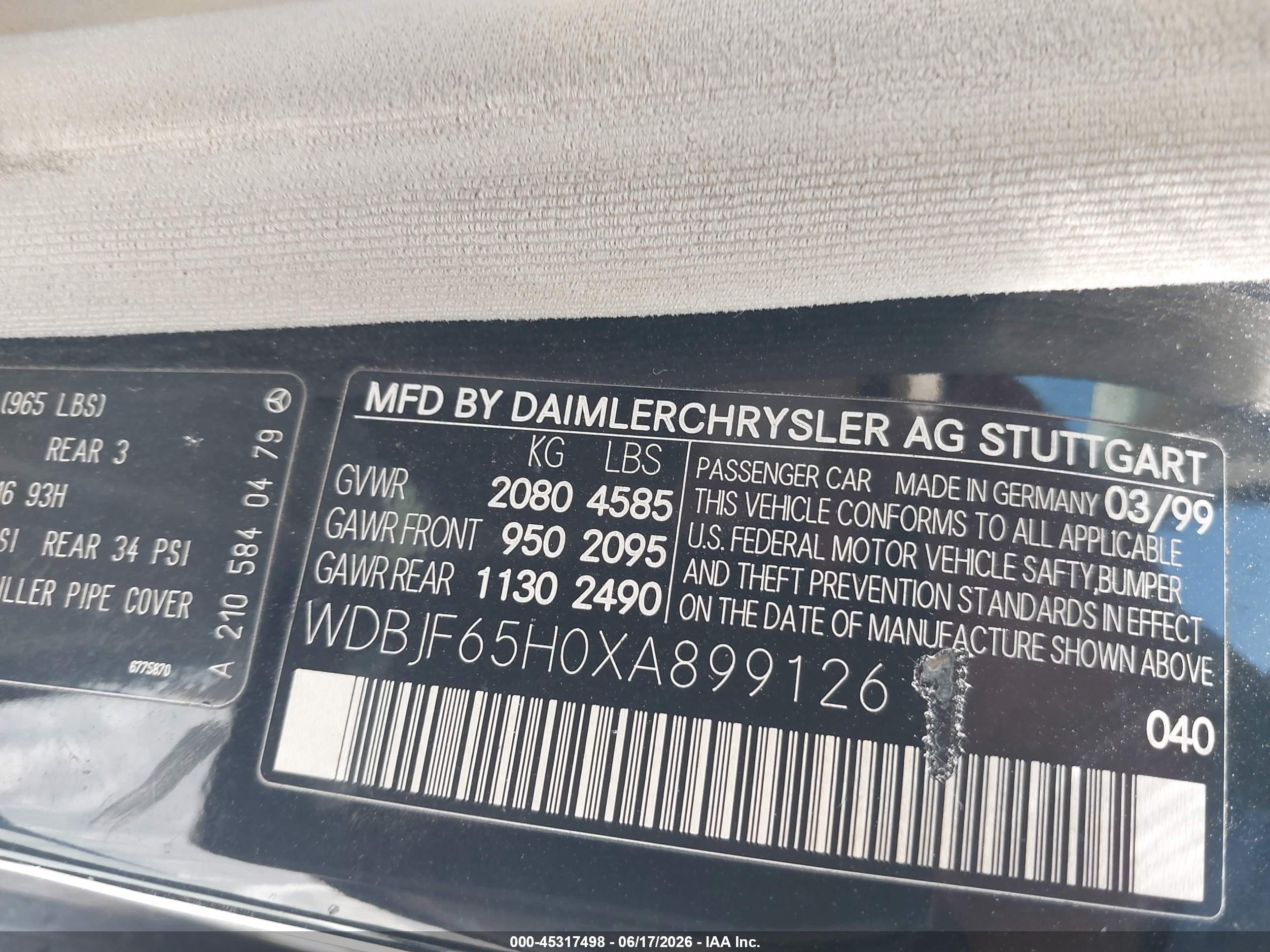 1999 Mercedes-benz E 320 Black vin: WDBJF65H0XA899126