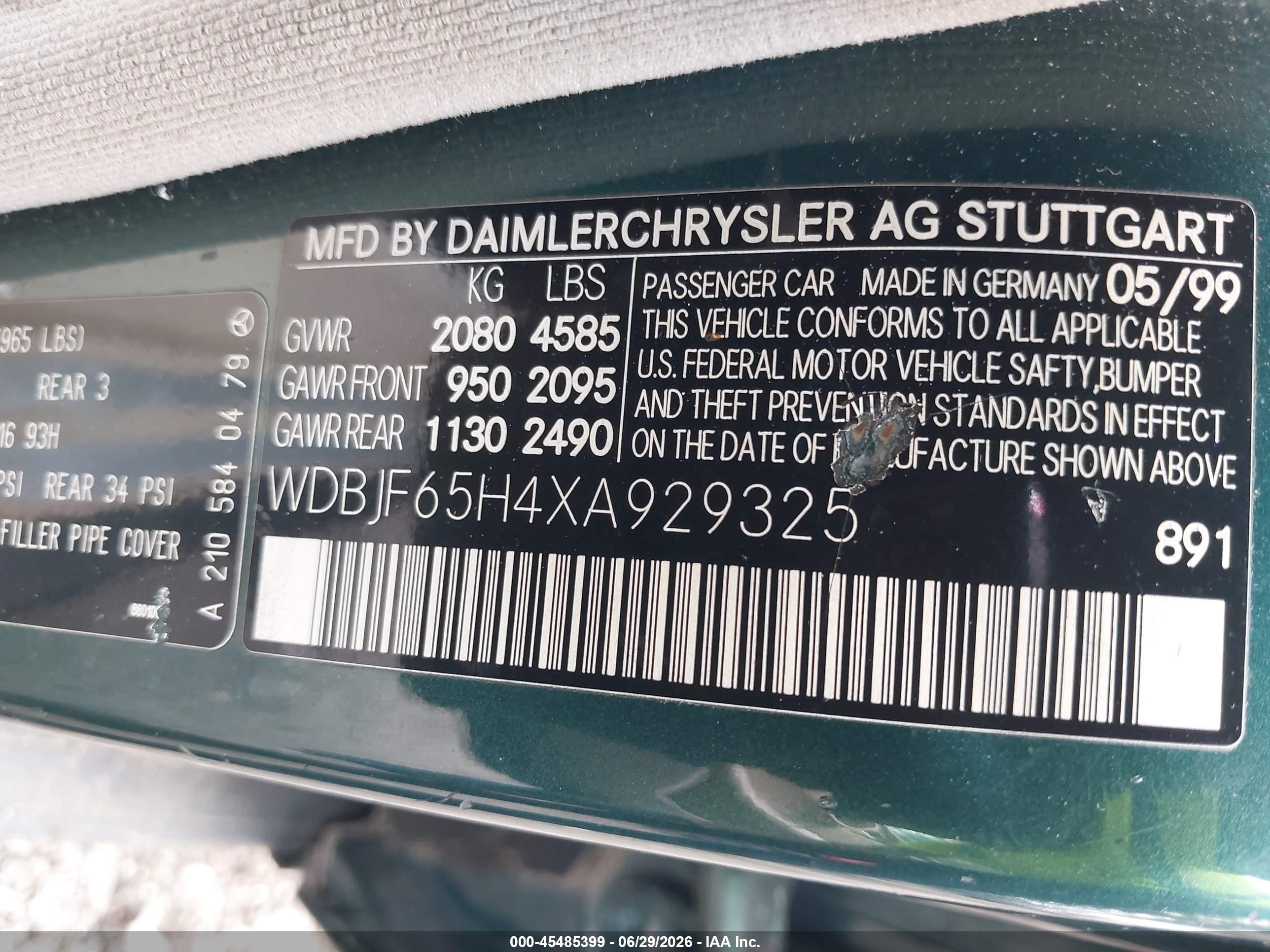 1999 Mercedes-benz E 320   Green vin: WDBJF65H4XA929325