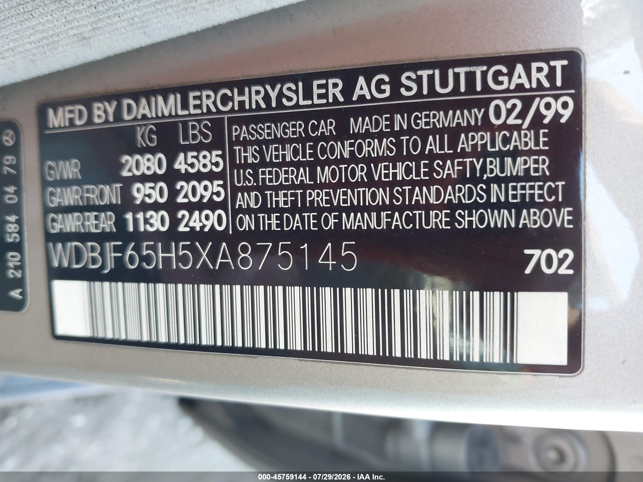 1999 Mercedes-benz E 320   Tan vin: WDBJF65H5XA875145