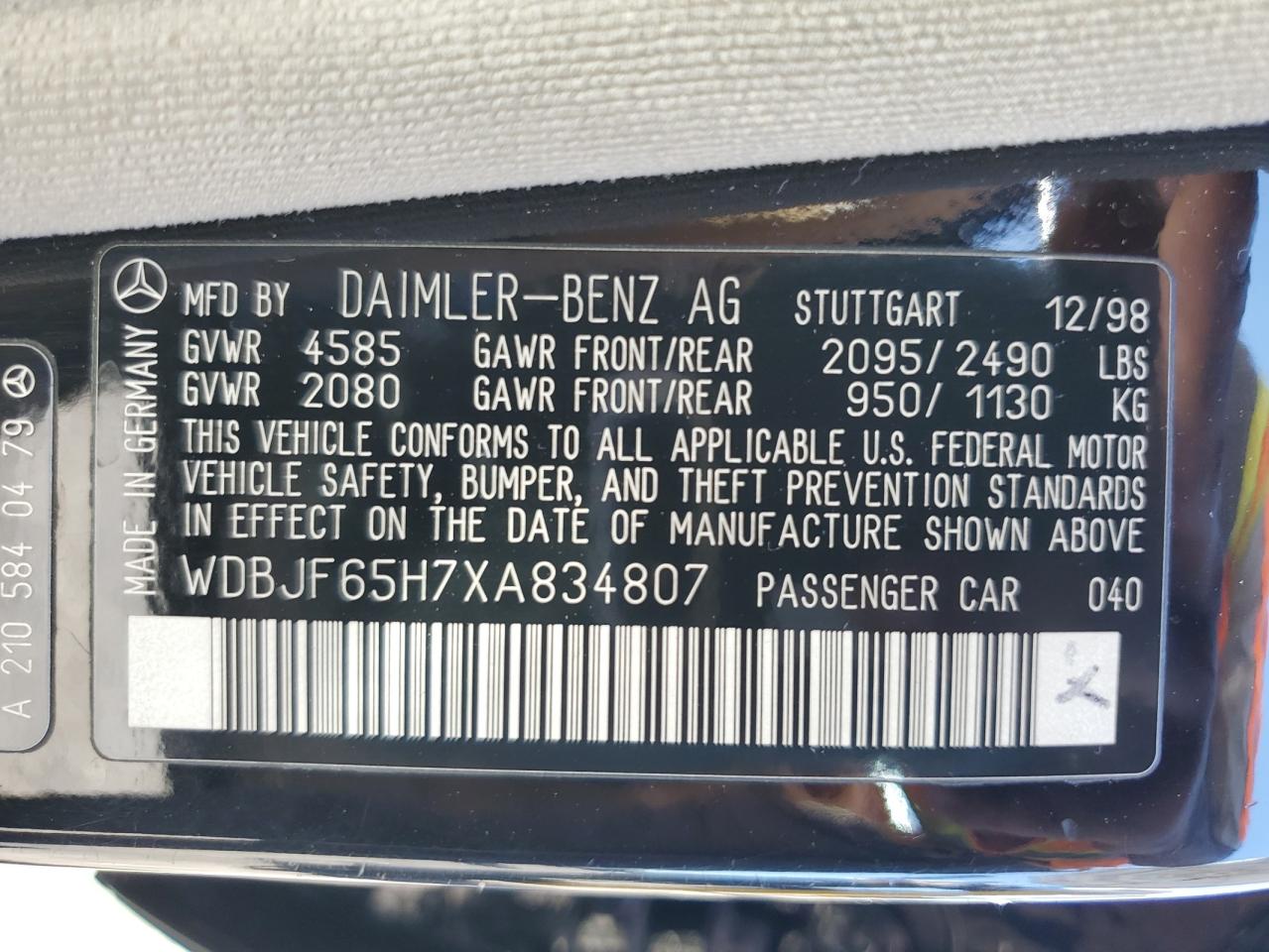 1999 Mercedes-benz E 320 Black vin: WDBJF65H7XA834807