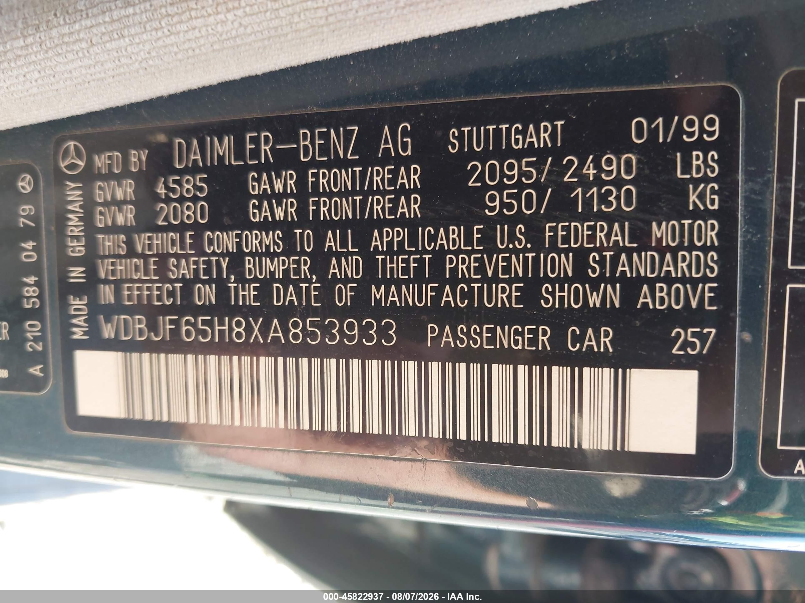 1999 Mercedes-benz E 320 Green vin: WDBJF65H8XA853933