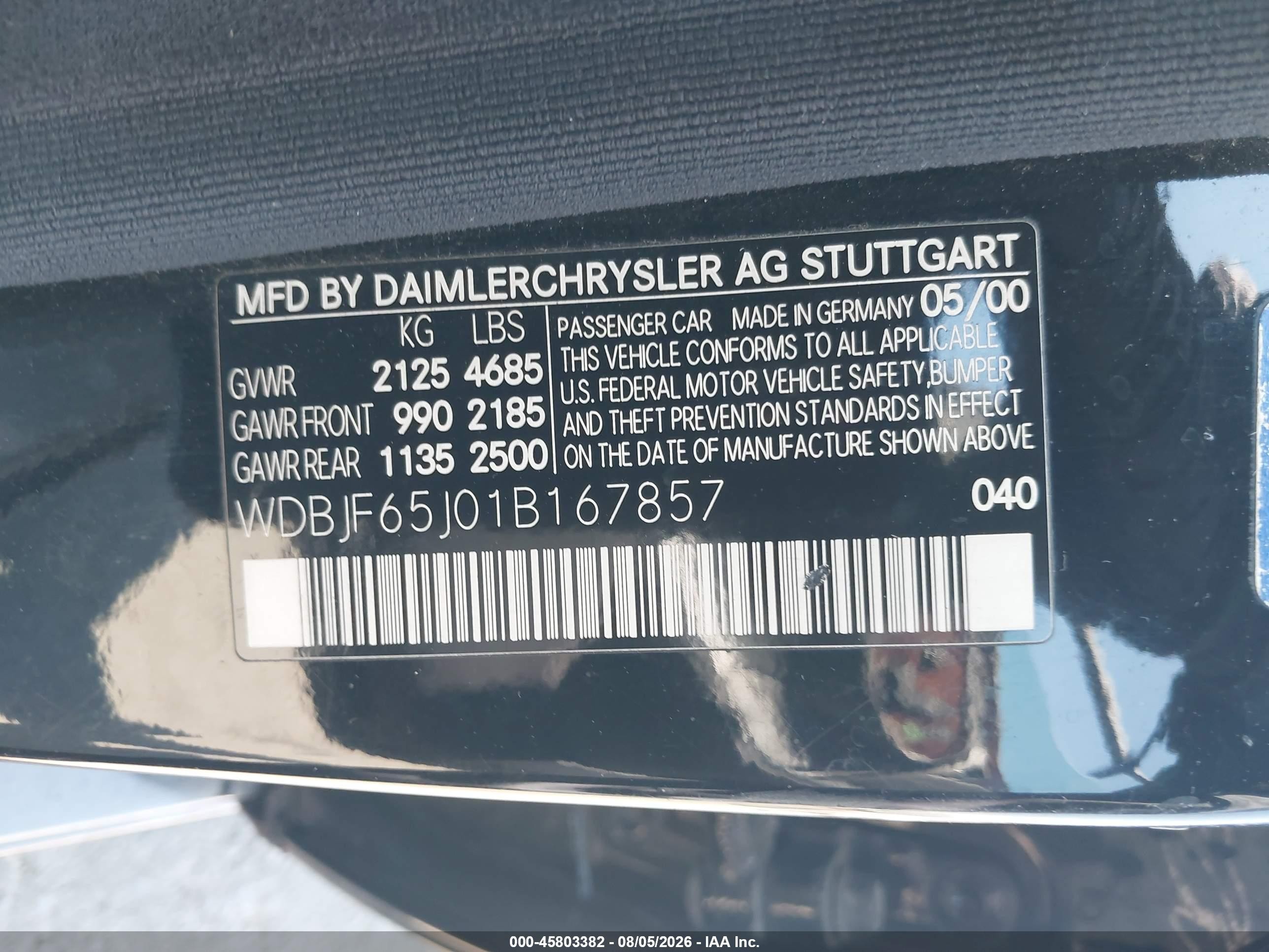 2001 Mercedes-benz E 320   Black vin: WDBJF65J01B167857