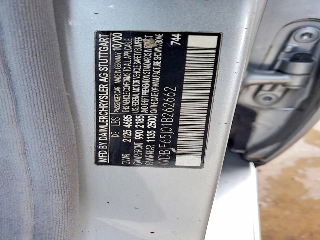 2001 Mercedes-benz E 320 Silver vin: WDBJF65J01B262662