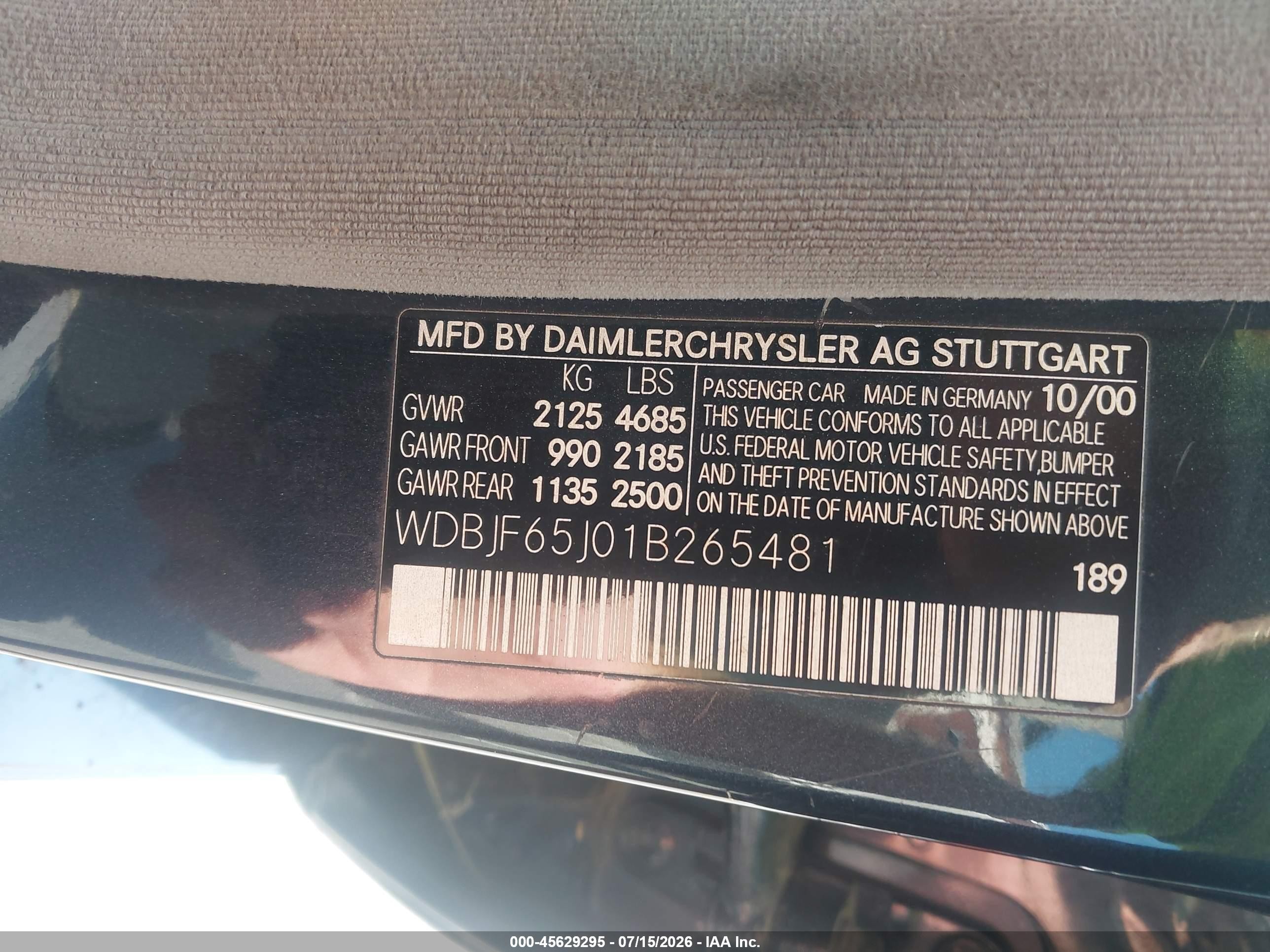 2001 Mercedes-benz E 320   Синий vin: WDBJF65J01B265481