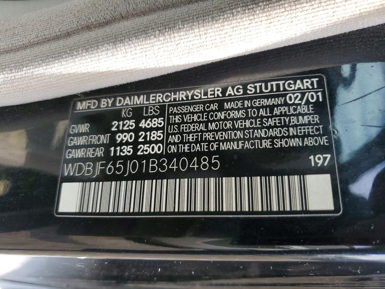 2001 Mercedes-benz E 320 Black vin: WDBJF65J01B340485