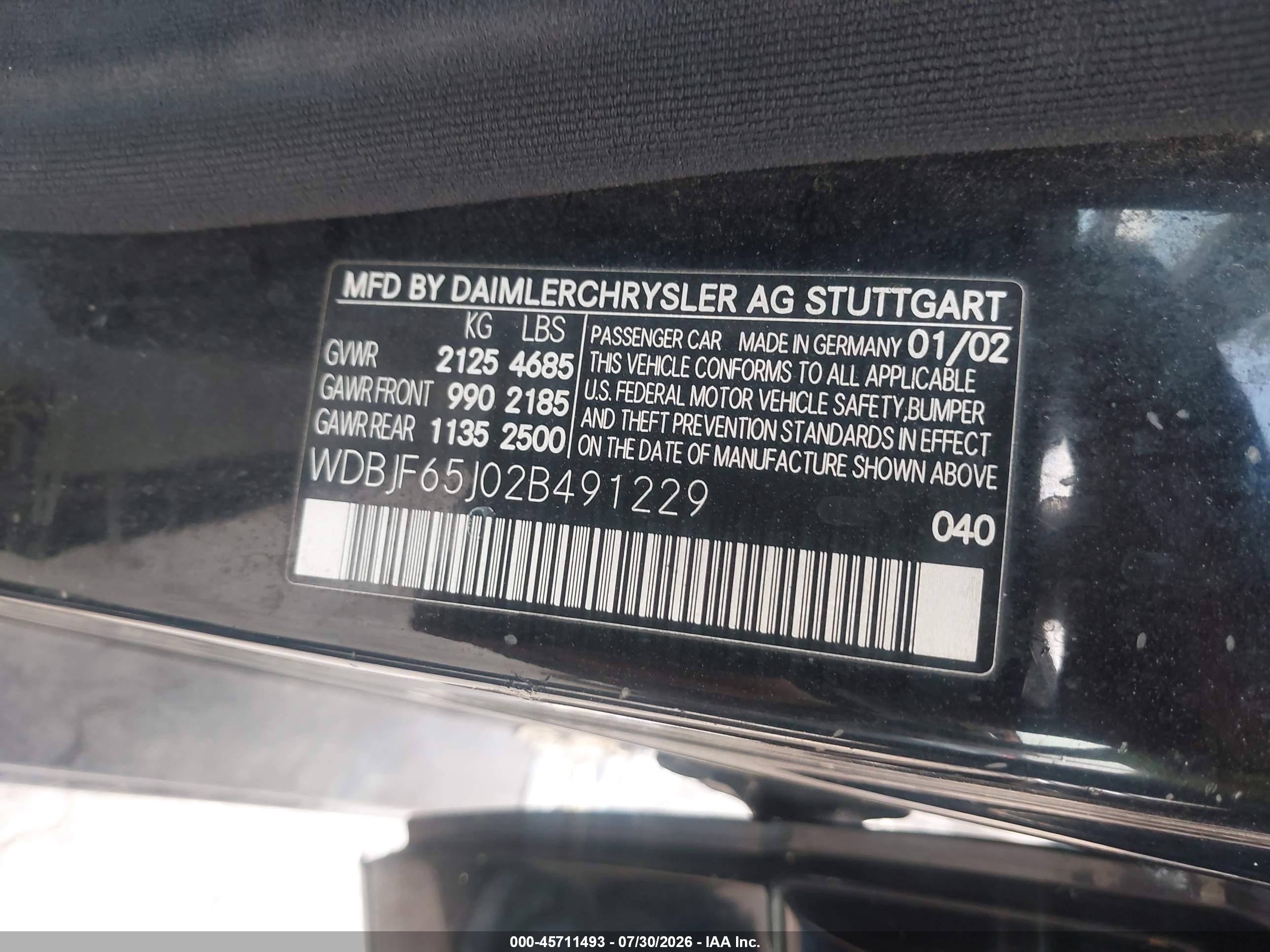 2002 Mercedes-benz E 320 Special Edition Черный vin: WDBJF65J02B491229