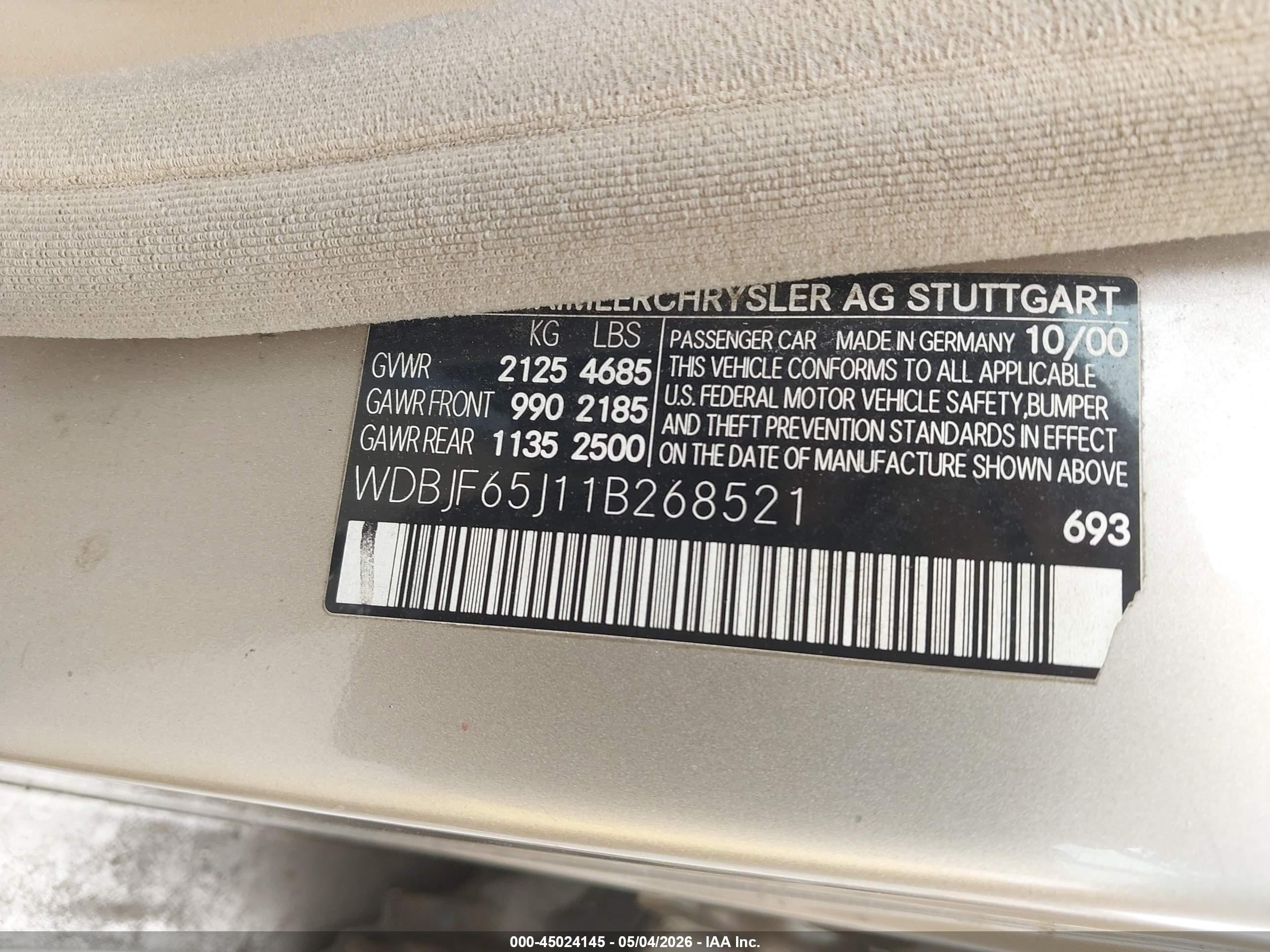 2001 Mercedes-benz E 320   Бежевый vin: WDBJF65J11B268521