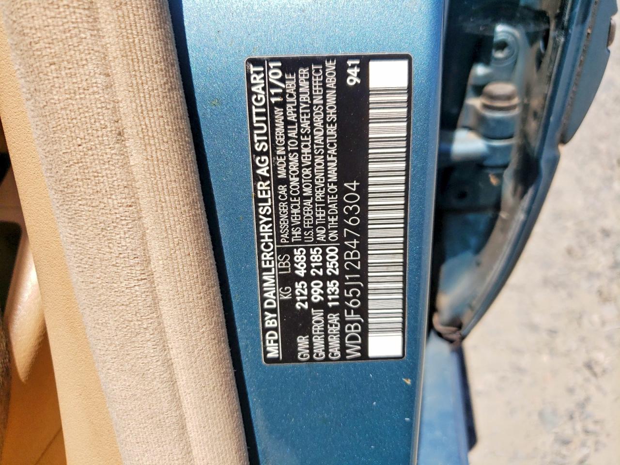 2002 Mercedes-benz E 320 Turquoise vin: WDBJF65J12B476304