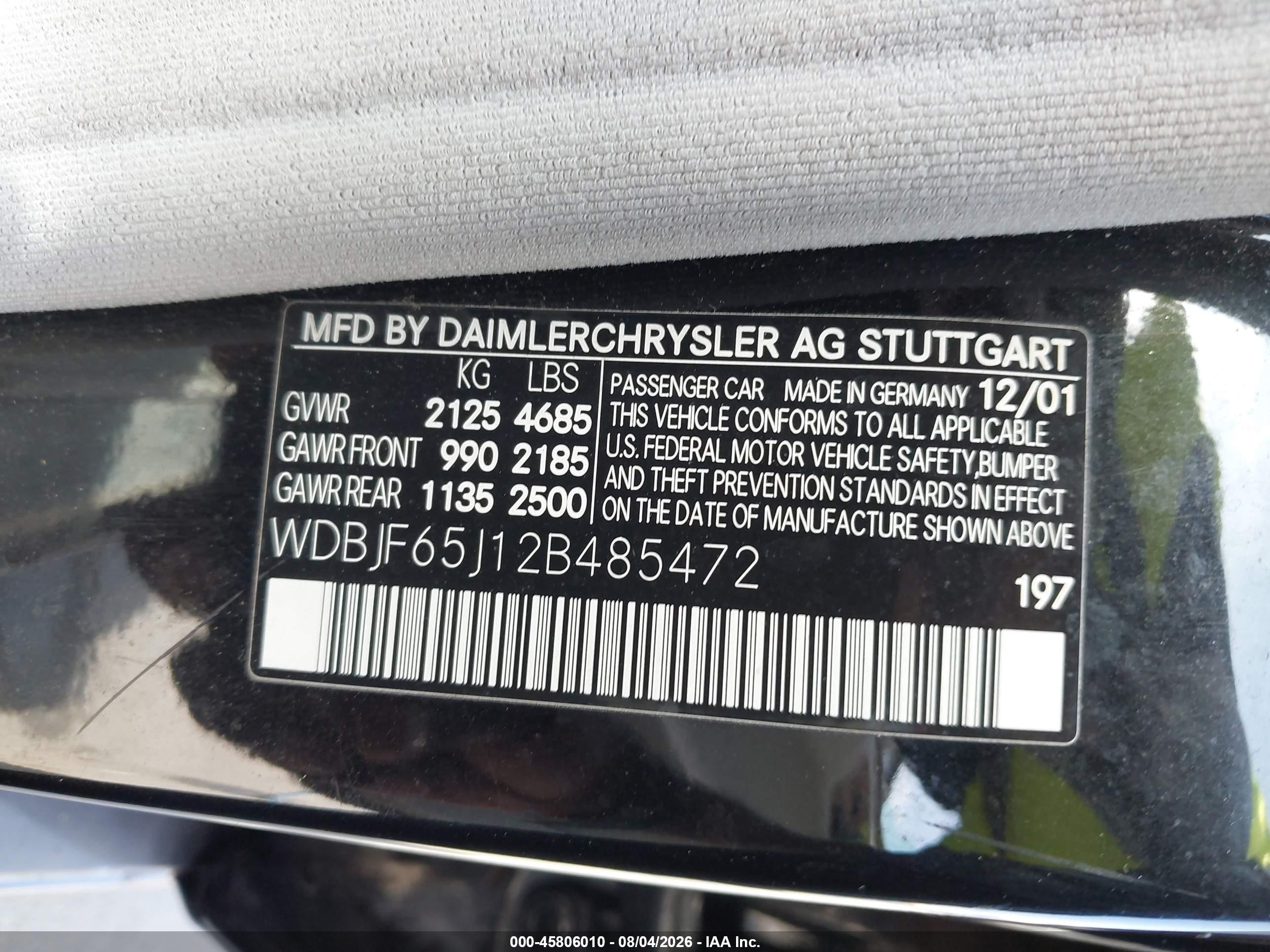 2002 Mercedes-benz E 320 Special Edition Black vin: WDBJF65J12B485472