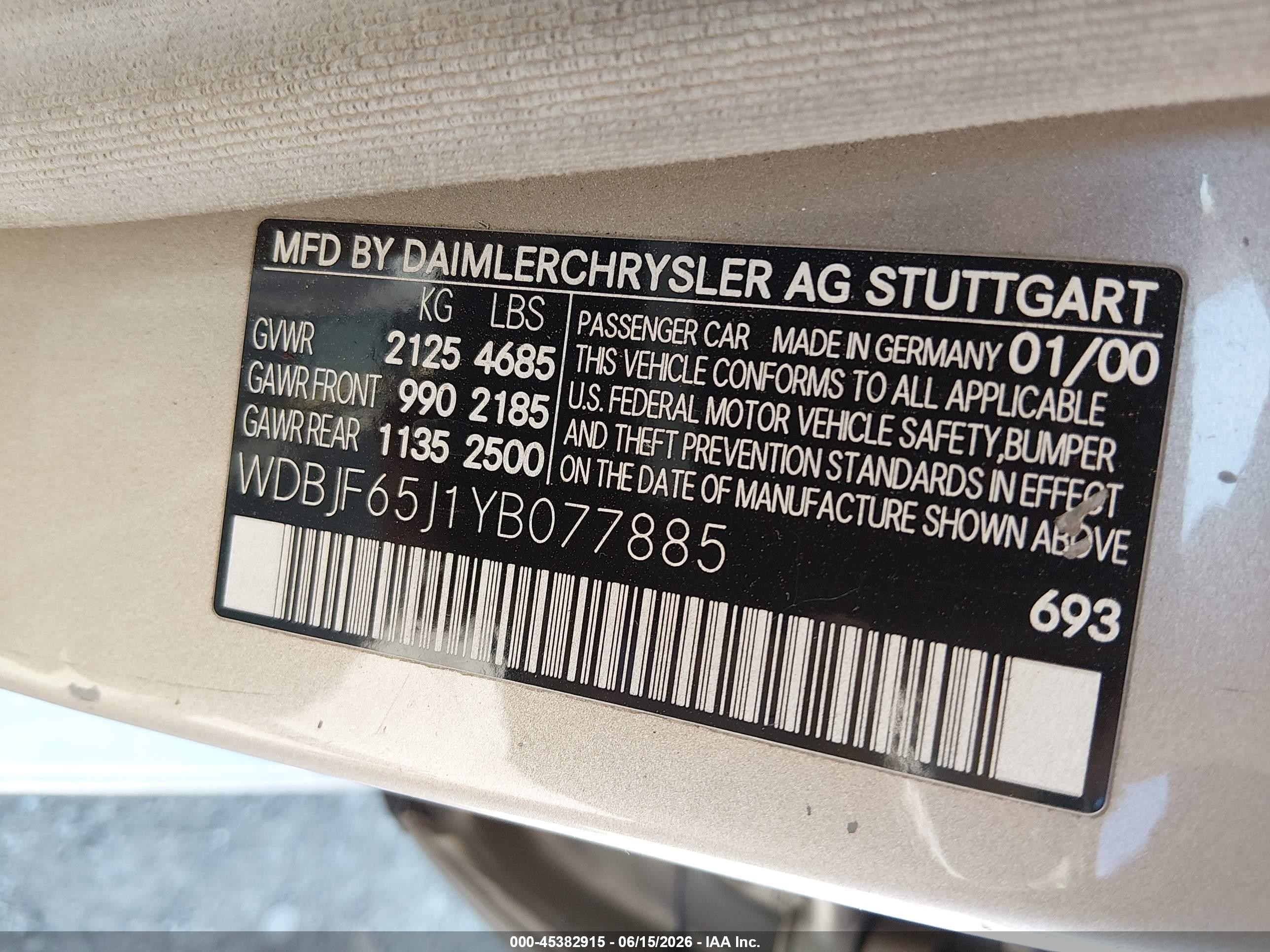2000 Mercedes-benz E 320 Gold vin: WDBJF65J1YB077885