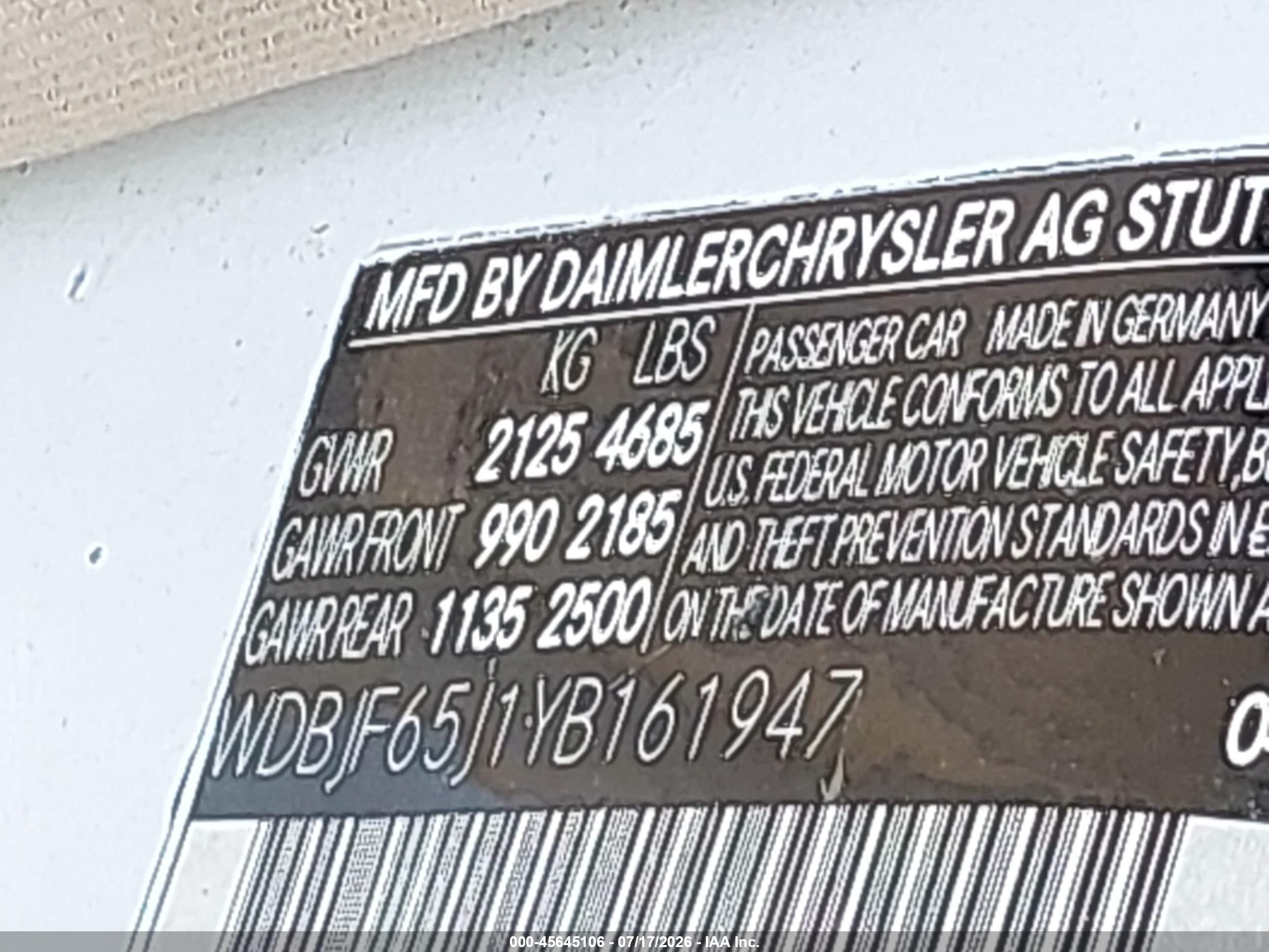 2000 Mercedes-benz E 320 Белый vin: WDBJF65J1YB161947