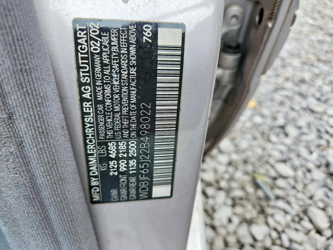2002 Mercedes-benz E 320 Silver vin: WDBJF65J22B498022