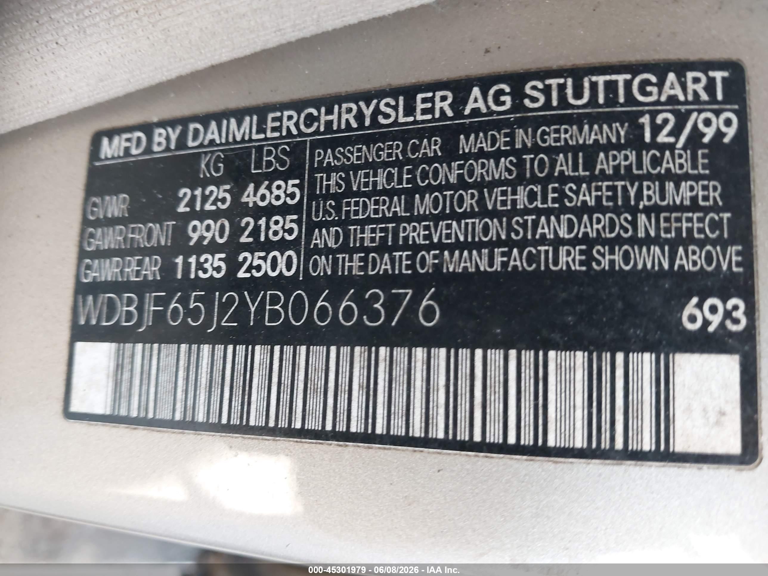 2000 Mercedes-benz E 320   Золотой vin: WDBJF65J2YB066376