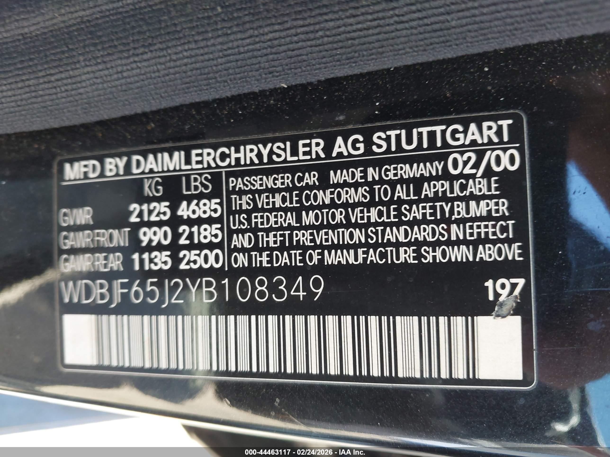 2000 Mercedes-benz E 320 Black vin: WDBJF65J2YB108349