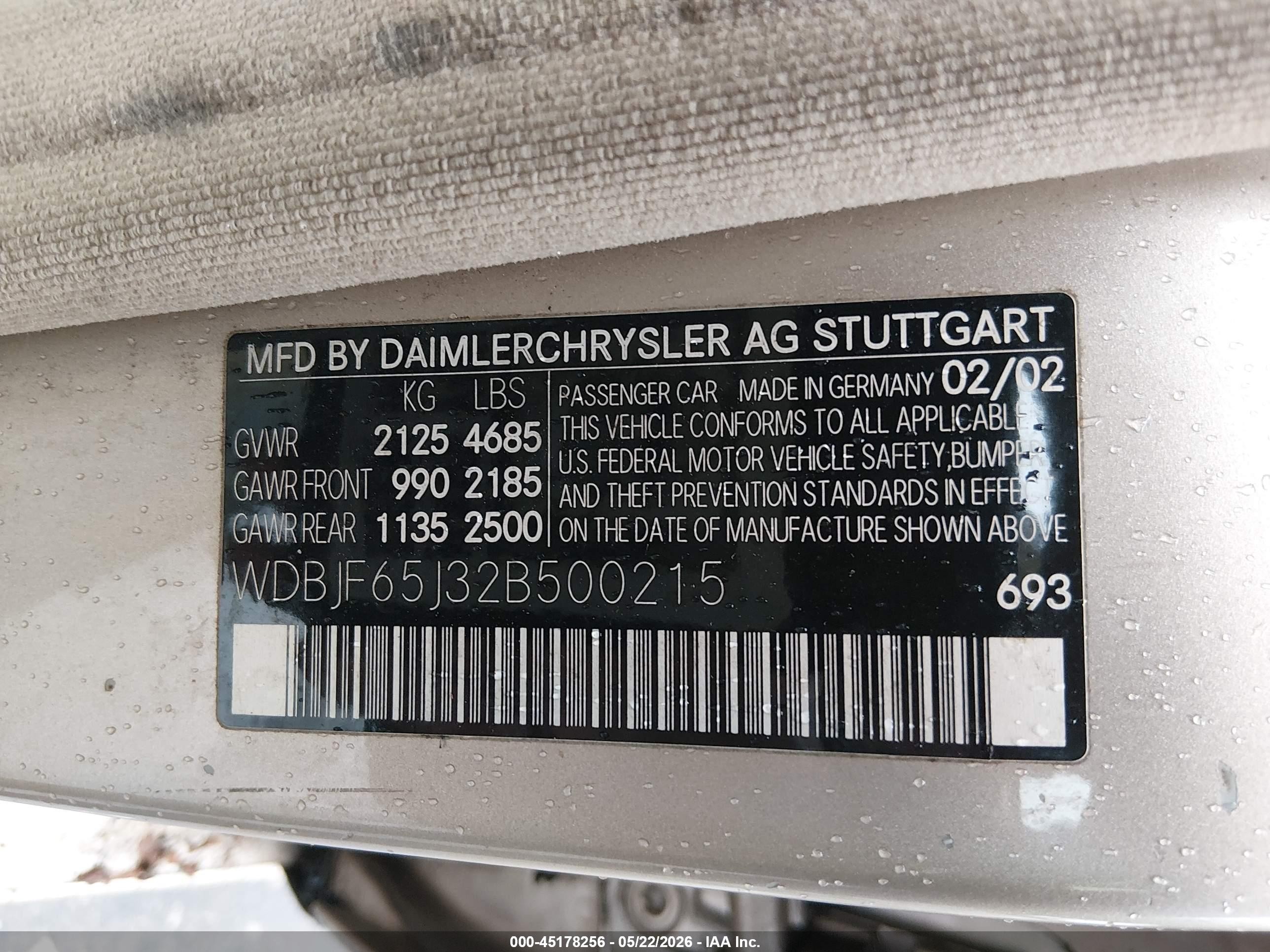2002 Mercedes-benz E 320 Special Edition Gold vin: WDBJF65J32B500215