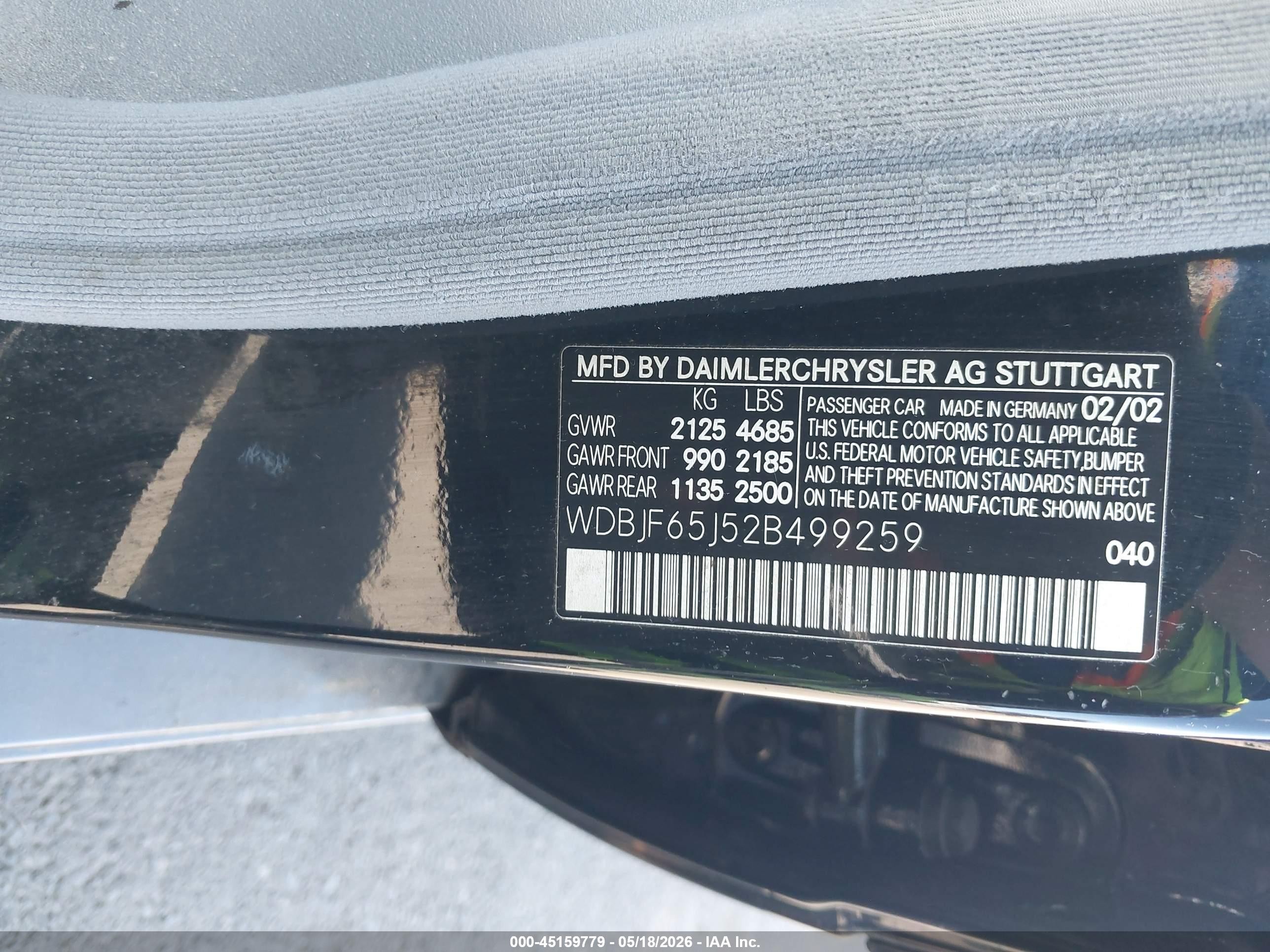 2002 Mercedes-benz E 320 Special Edition Black vin: WDBJF65J52B499259