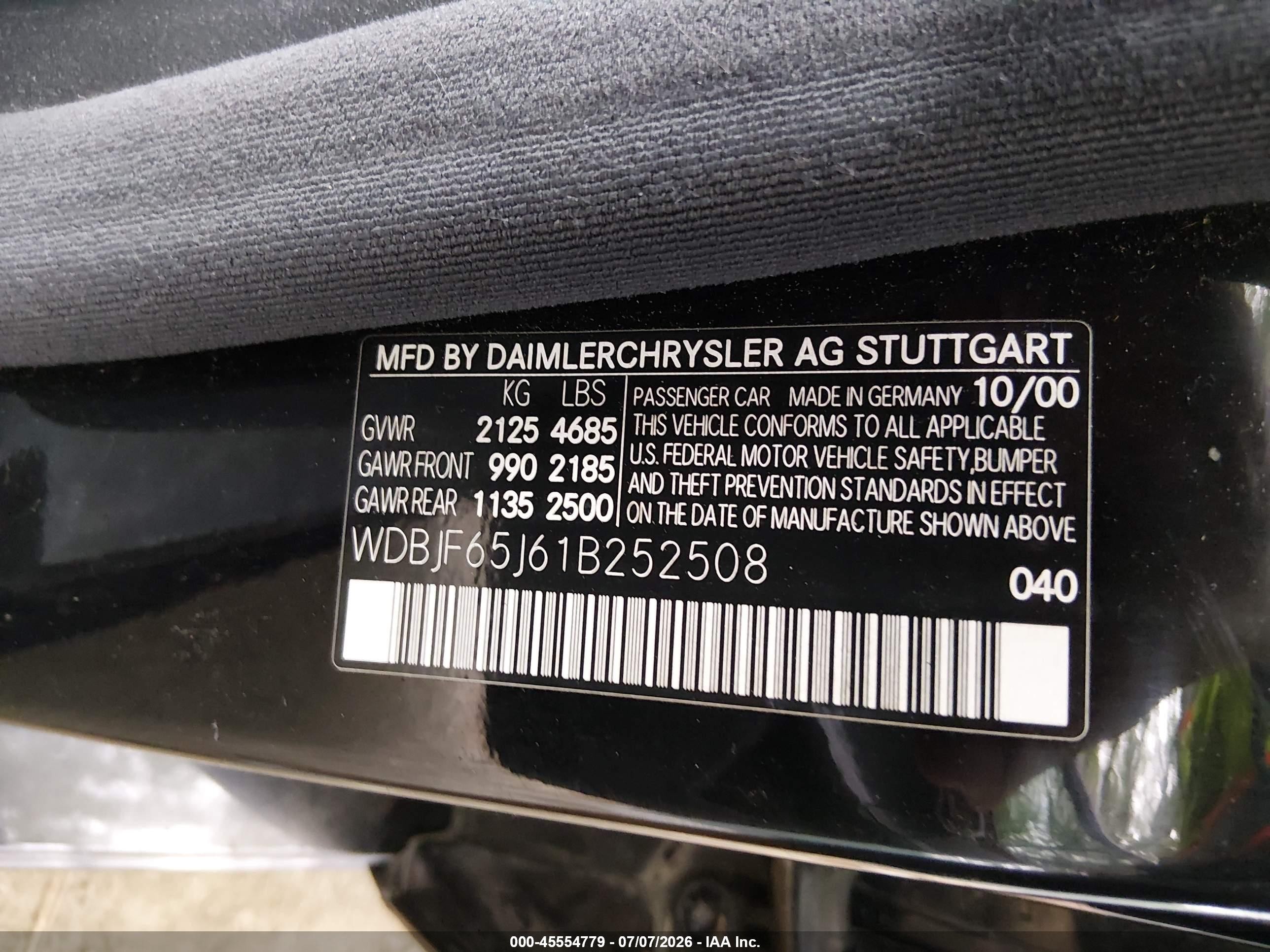 2001 Mercedes-benz E 320 Черный vin: WDBJF65J61B252508