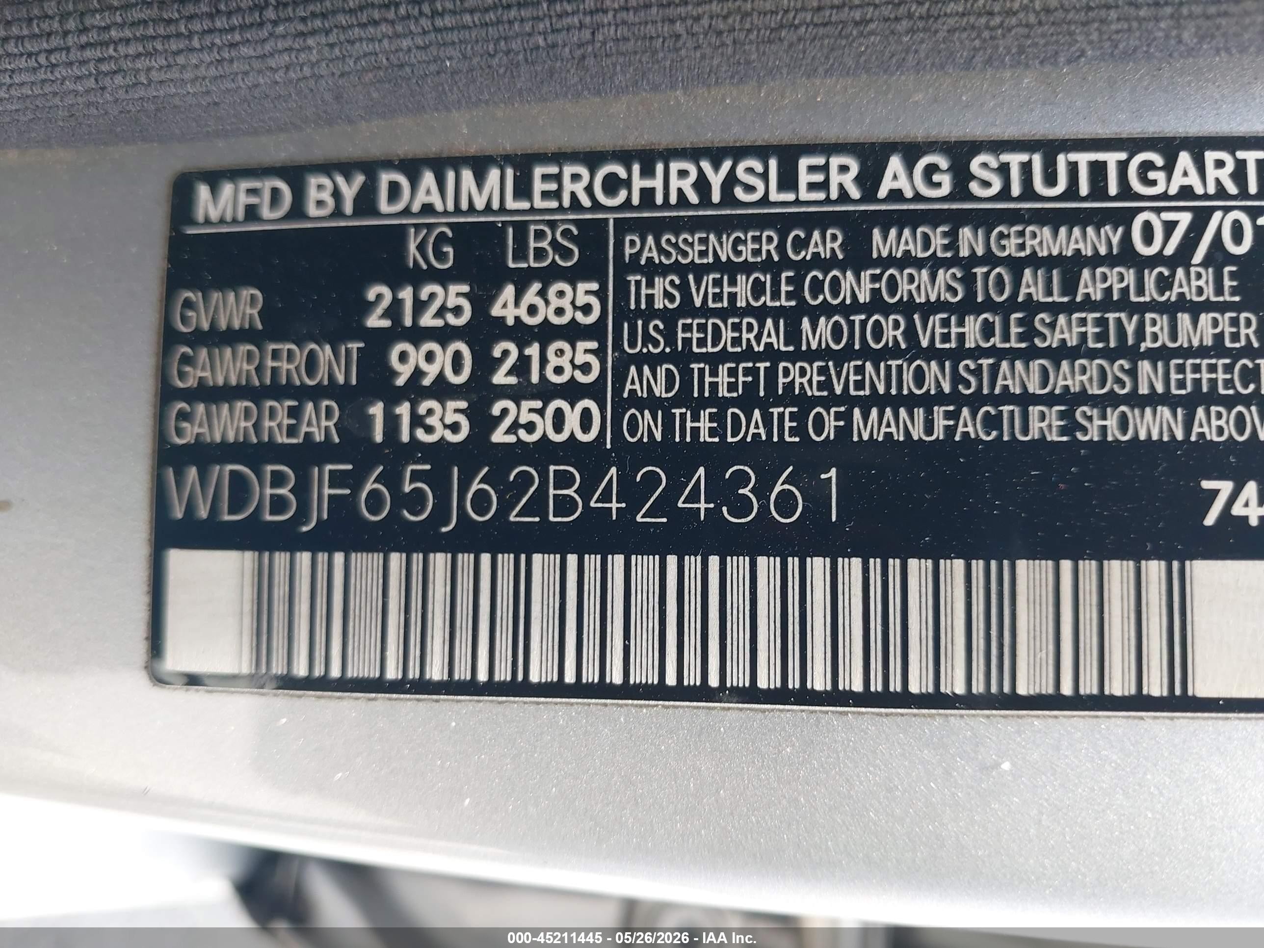 2002 Mercedes-benz E 320 Special Edition Серебряный vin: WDBJF65J62B424361