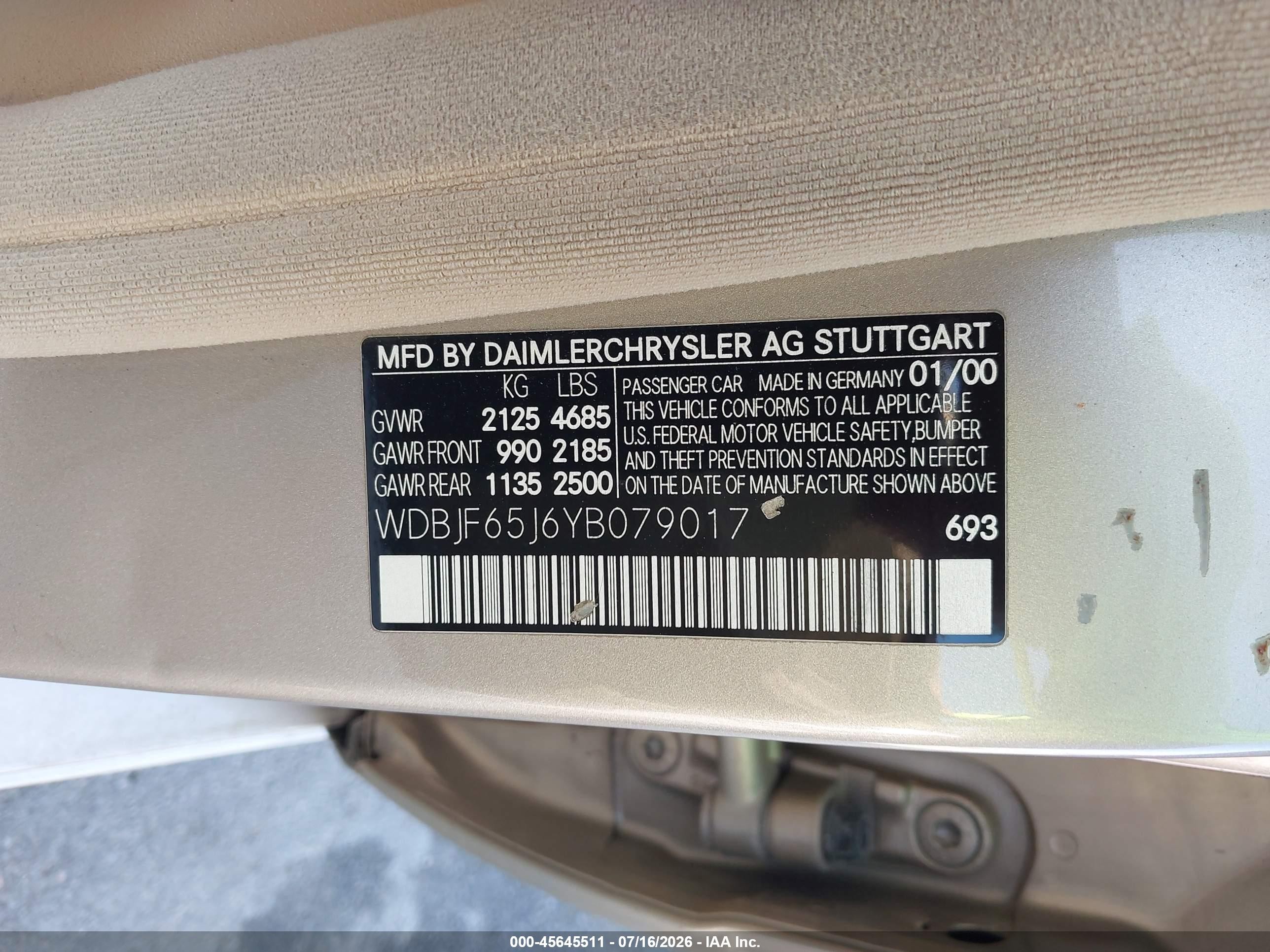 2000 Mercedes-benz E 320   Tan vin: WDBJF65J6YB079017