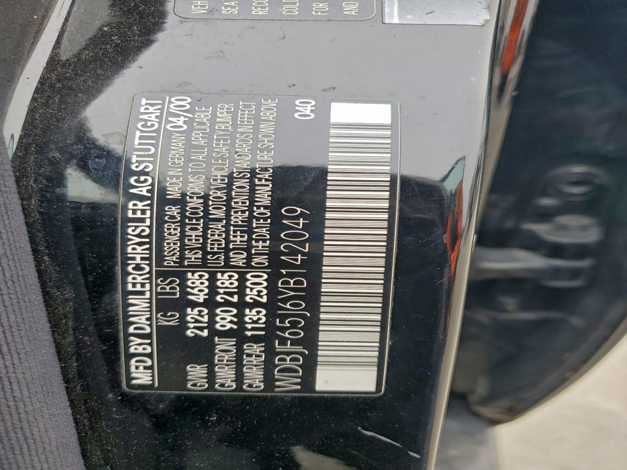 2000 Mercedes-benz E 320 Black vin: WDBJF65J6YB142049