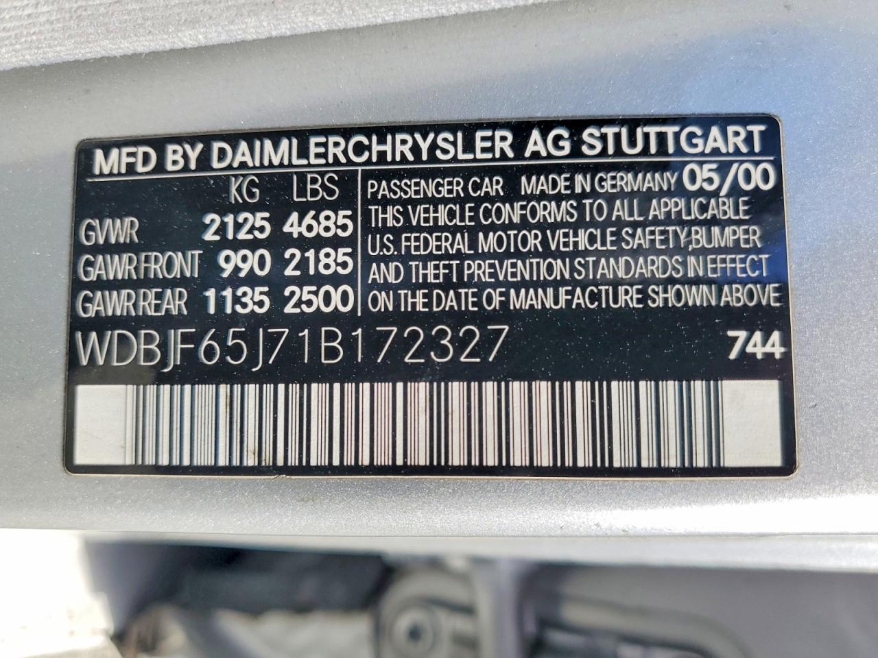 2001 Mercedes-benz E 320 Silver vin: WDBJF65J71B172327