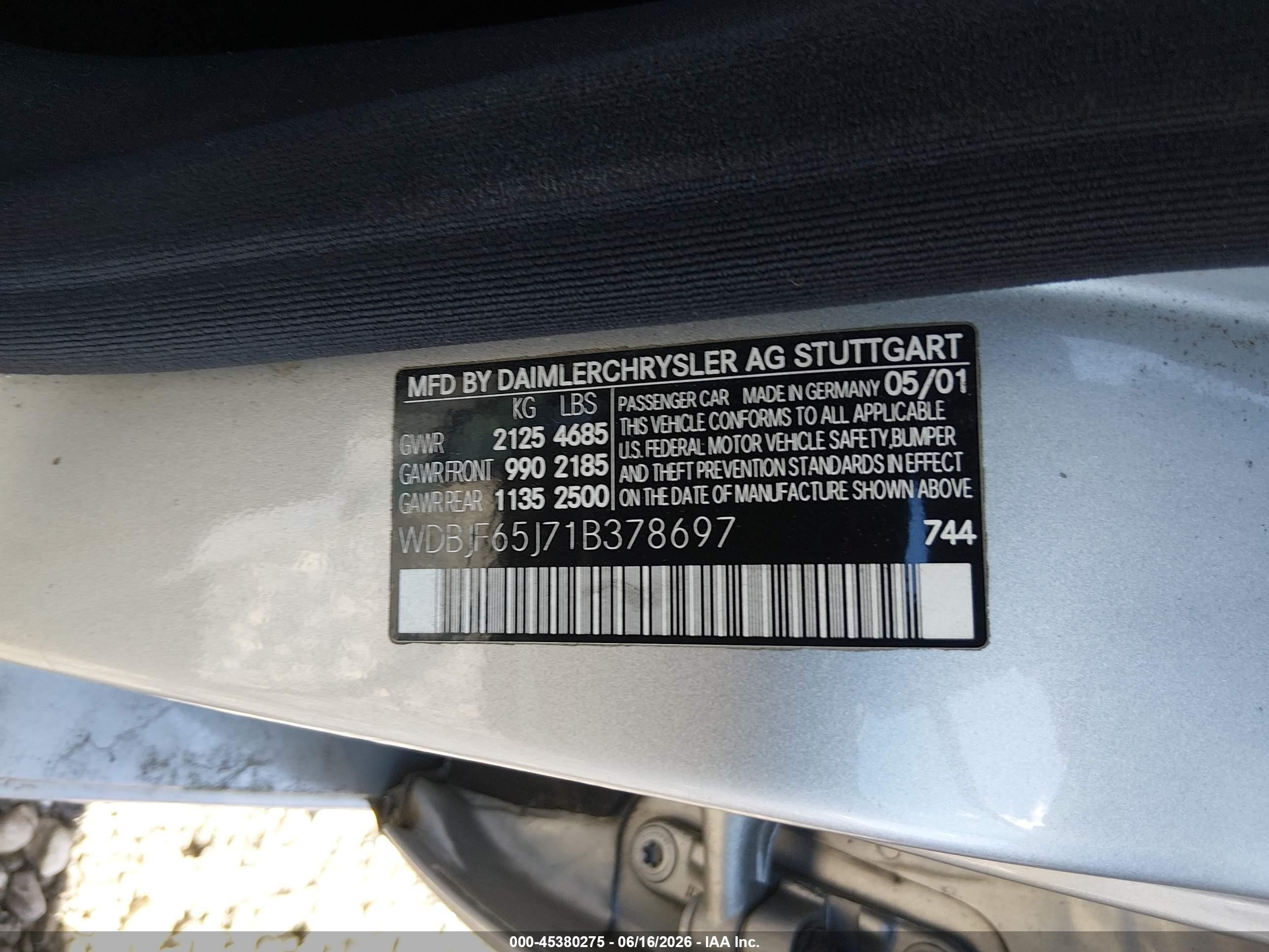 2001 Mercedes-benz E 320   Gray vin: WDBJF65J71B378697