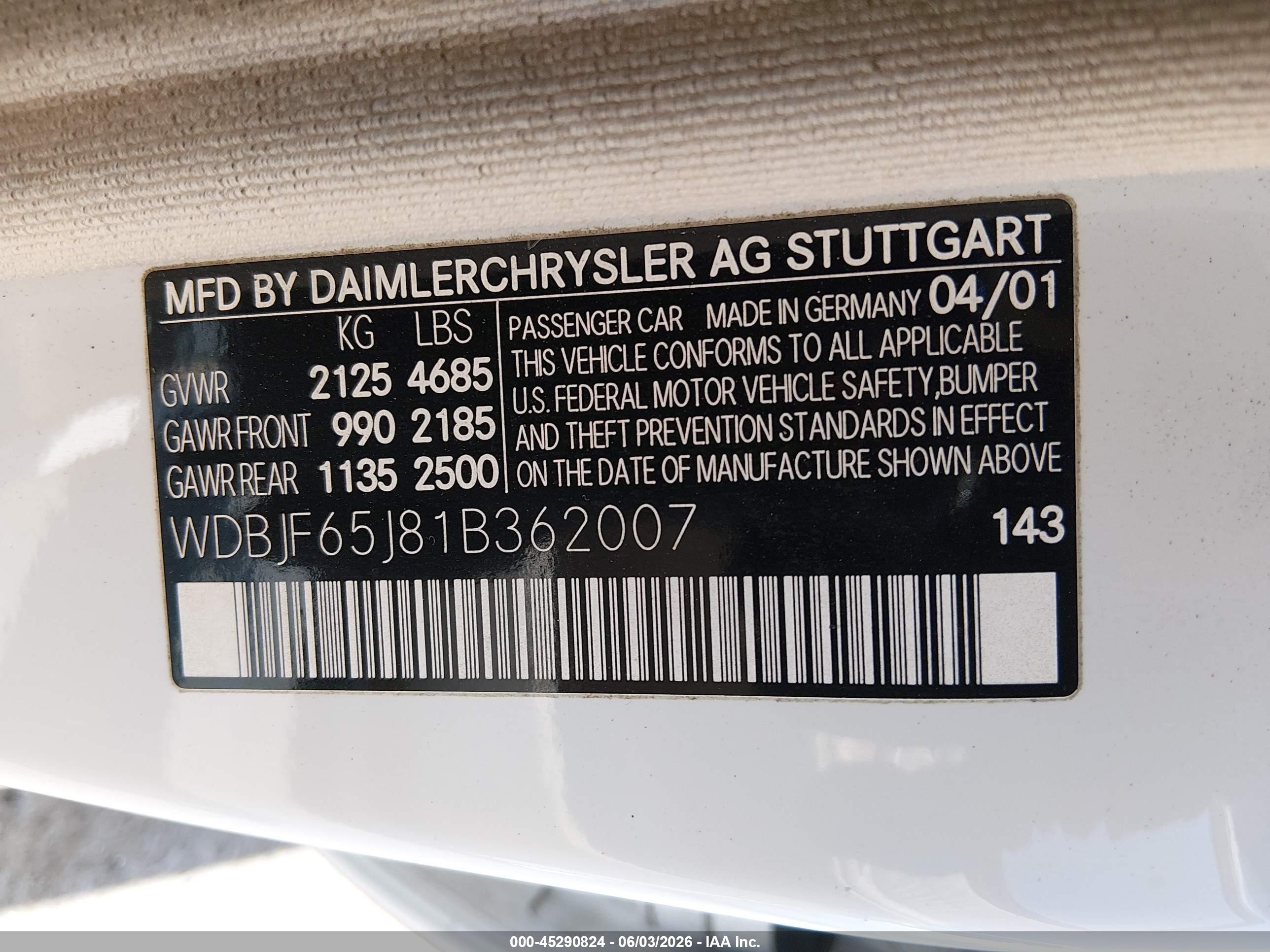 2001 Mercedes-benz E 320   Белый vin: WDBJF65J81B362007