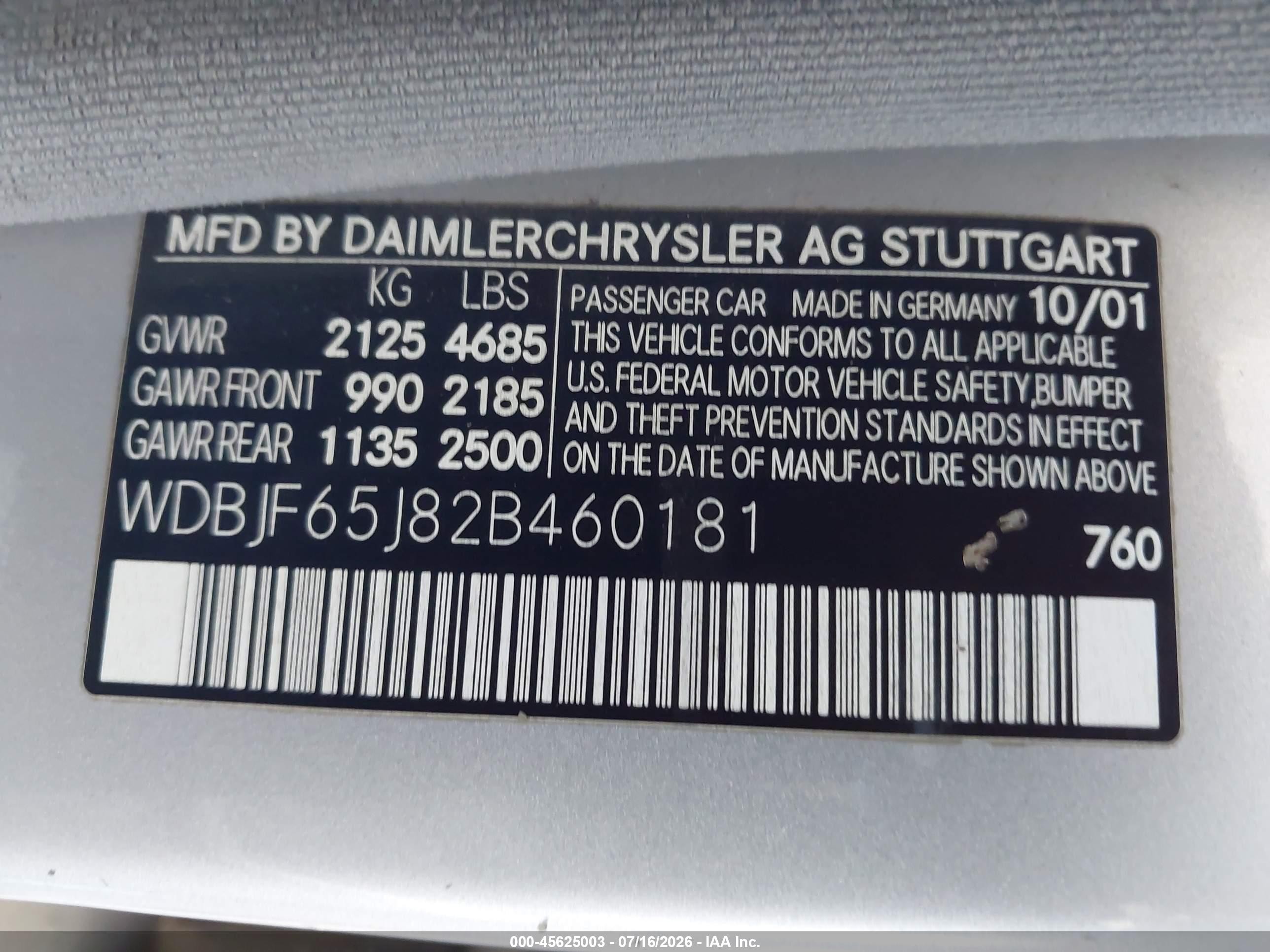 2002 Mercedes-benz E 320 Silver vin: WDBJF65J82B460181