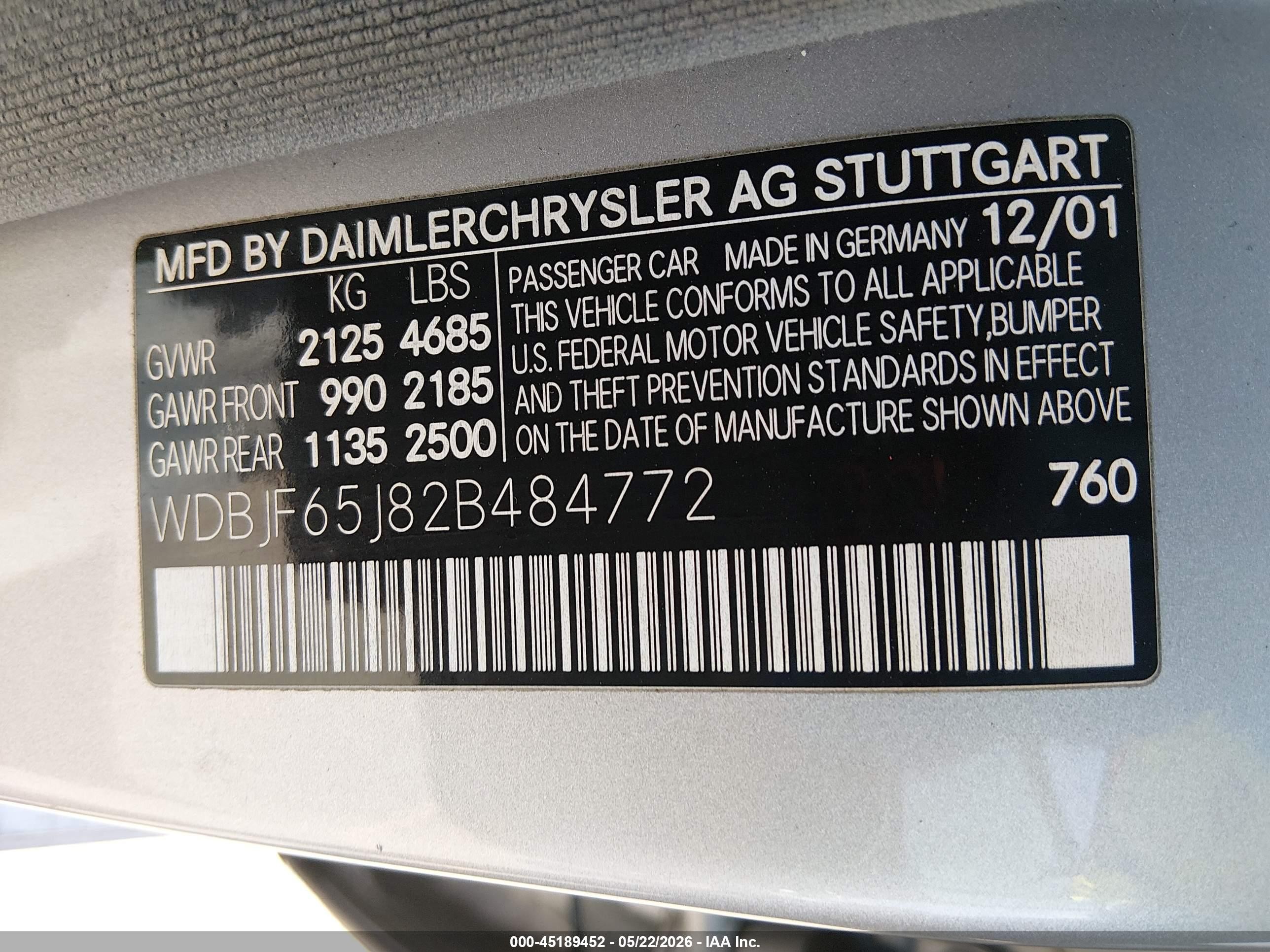 2002 Mercedes-benz E 320 Special Edition Серебряный vin: WDBJF65J82B484772