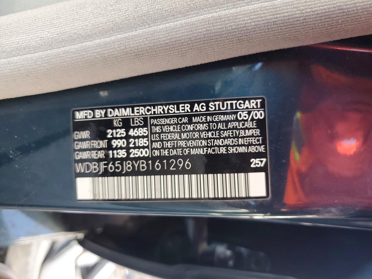2000 Mercedes-benz E 320 Teal vin: WDBJF65J8YB161296