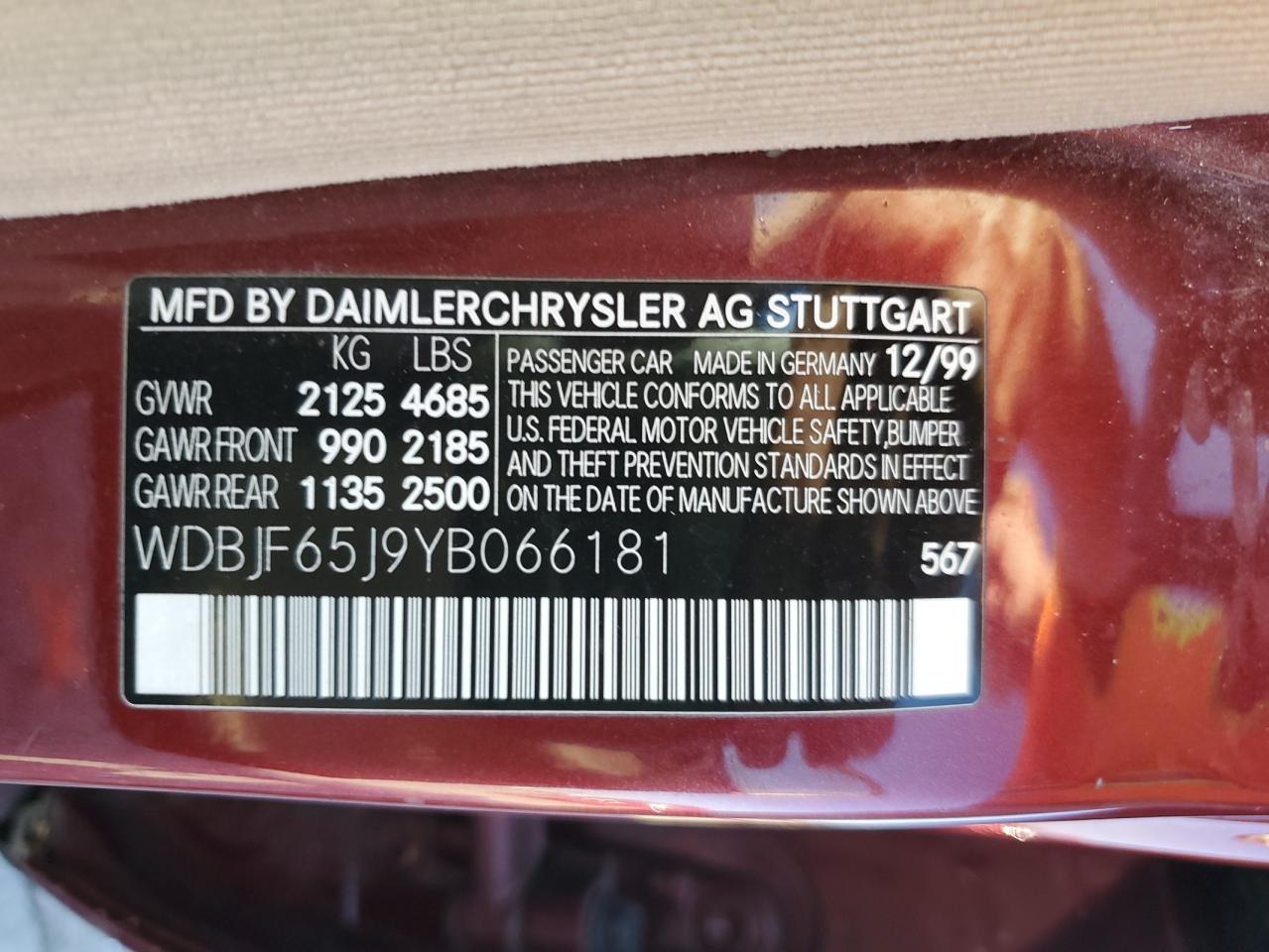 2000 Mercedes-benz E 320 Maroon vin: WDBJF65J9YB066181