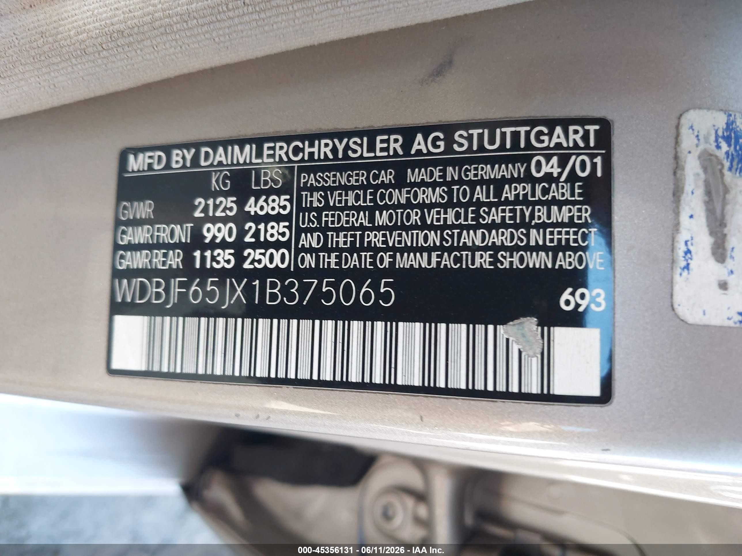 2001 Mercedes-benz E 320   Gold vin: WDBJF65JX1B375065