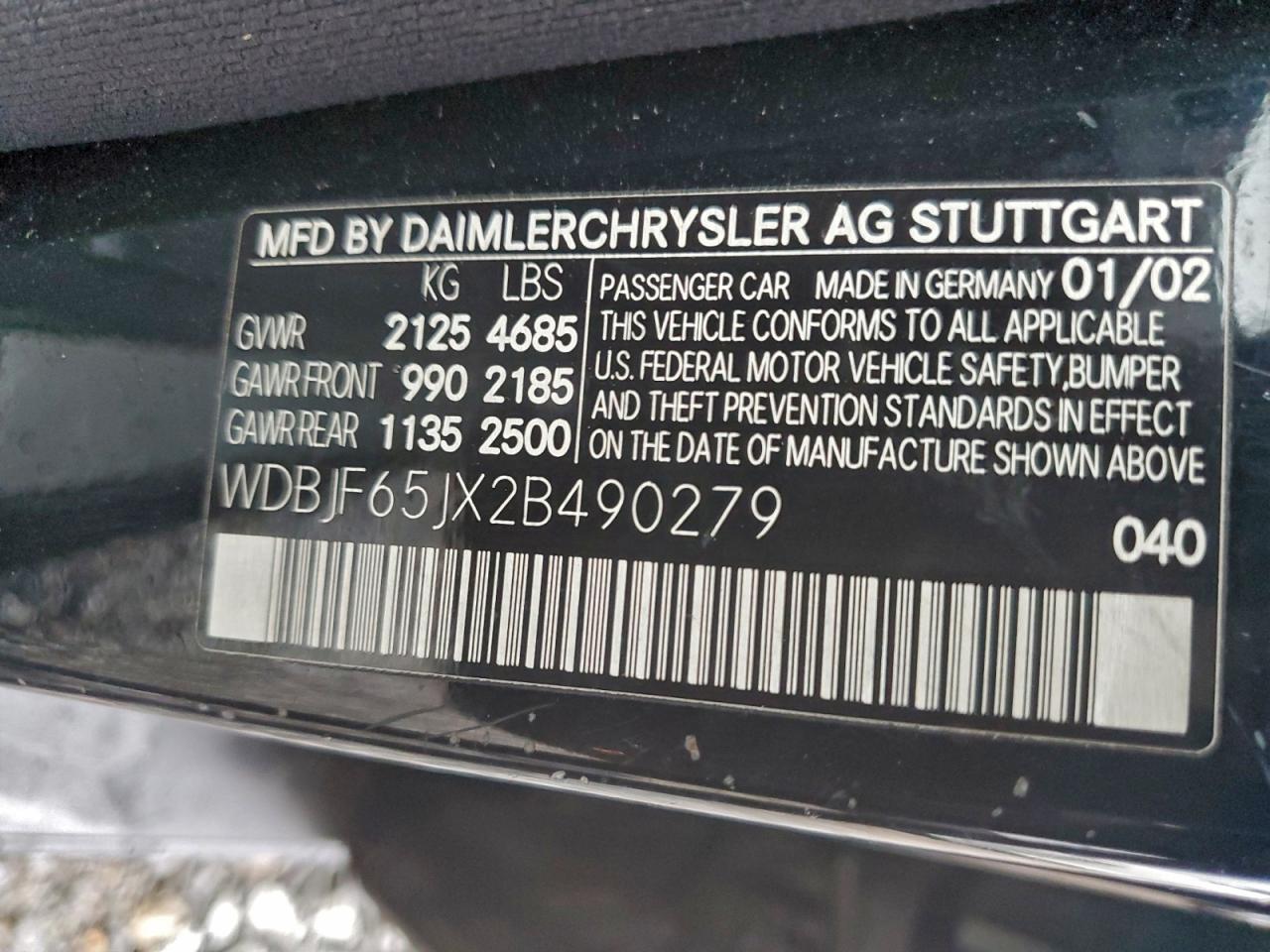2002 Mercedes-benz E 320 Black vin: WDBJF65JX2B490279