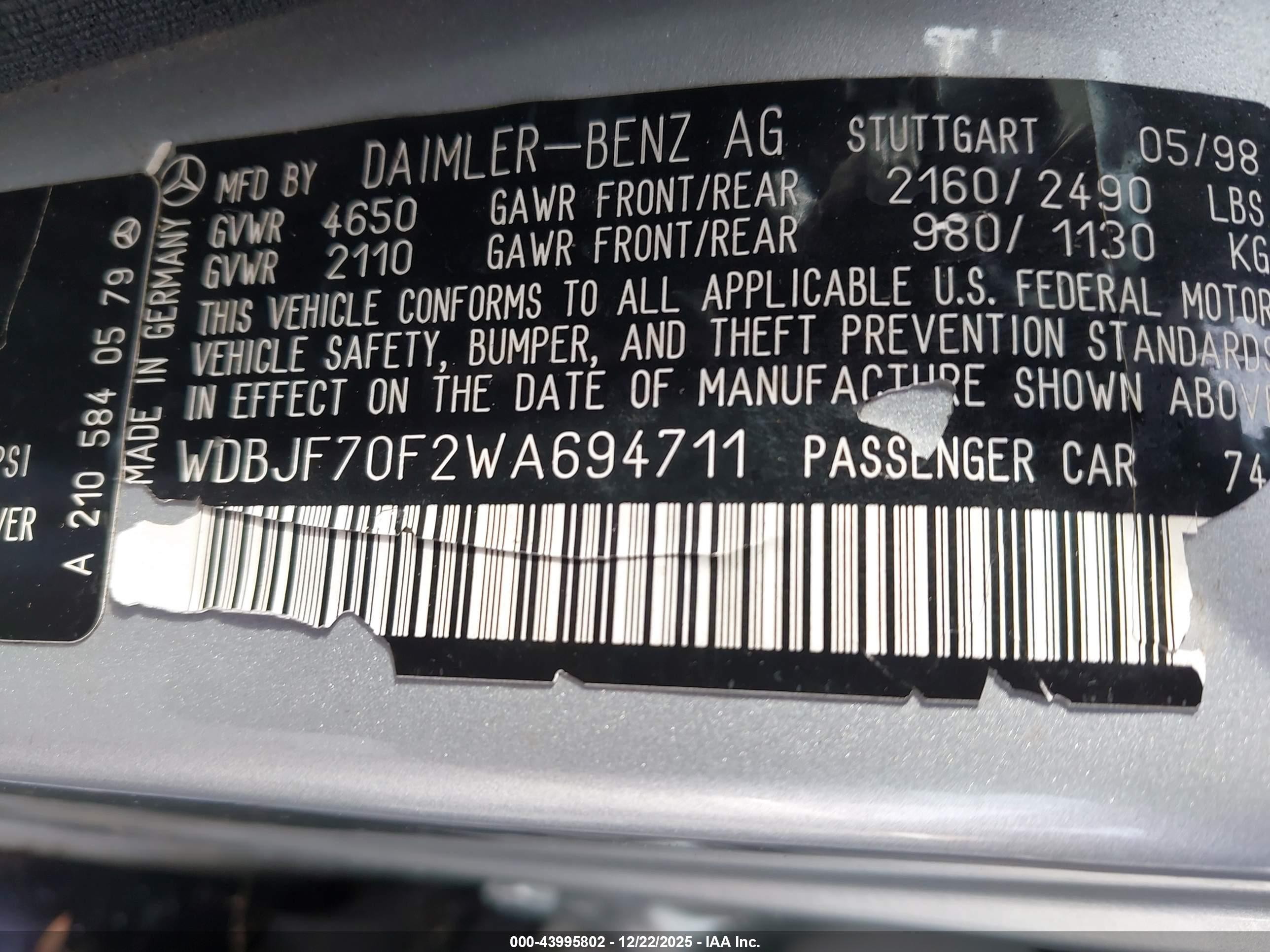 1998 Mercedes-benz E 430   Silver vin: WDBJF70F2WA694711