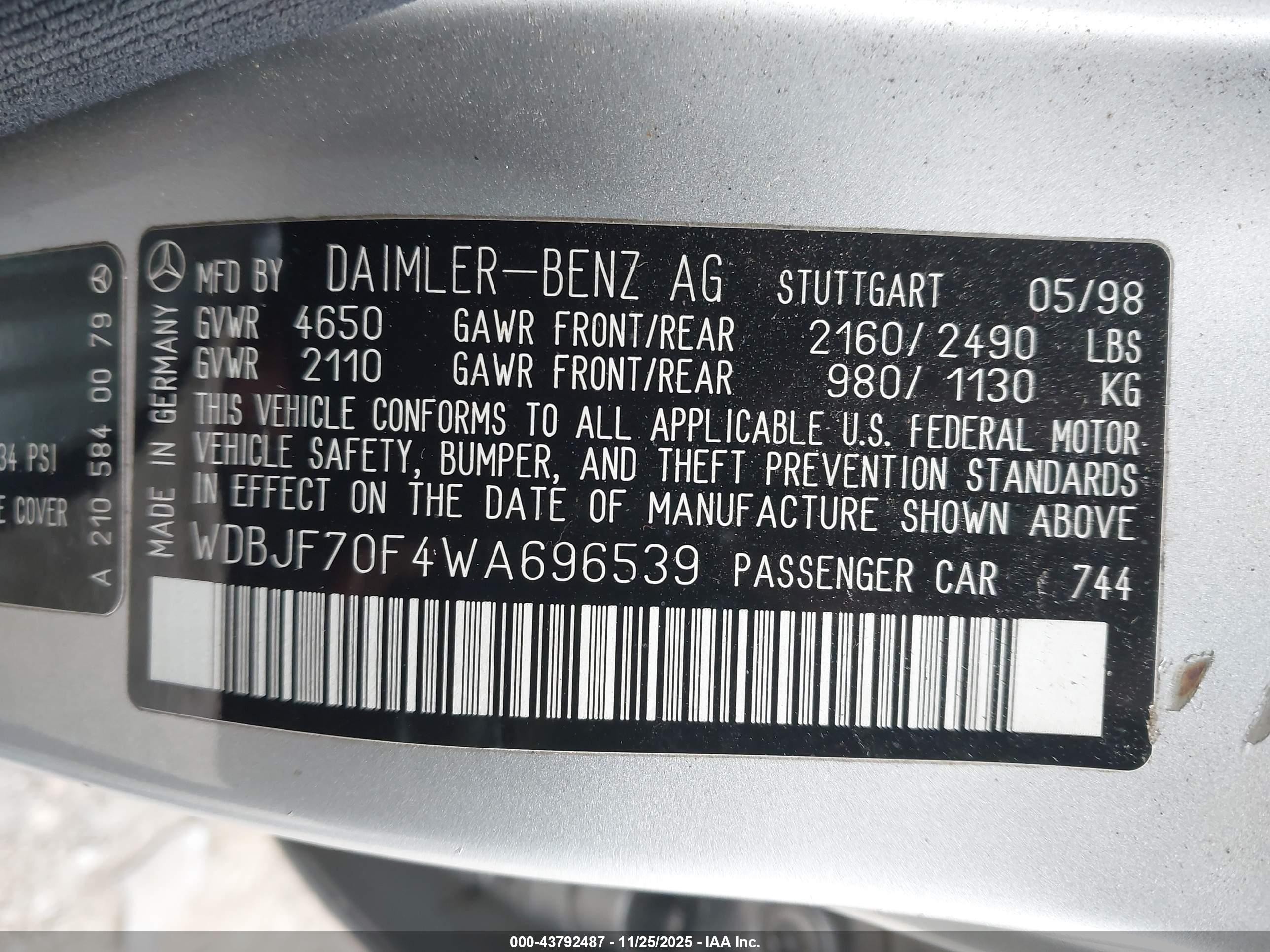 1998 Mercedes-benz E 430   Серебряный vin: WDBJF70F4WA696539