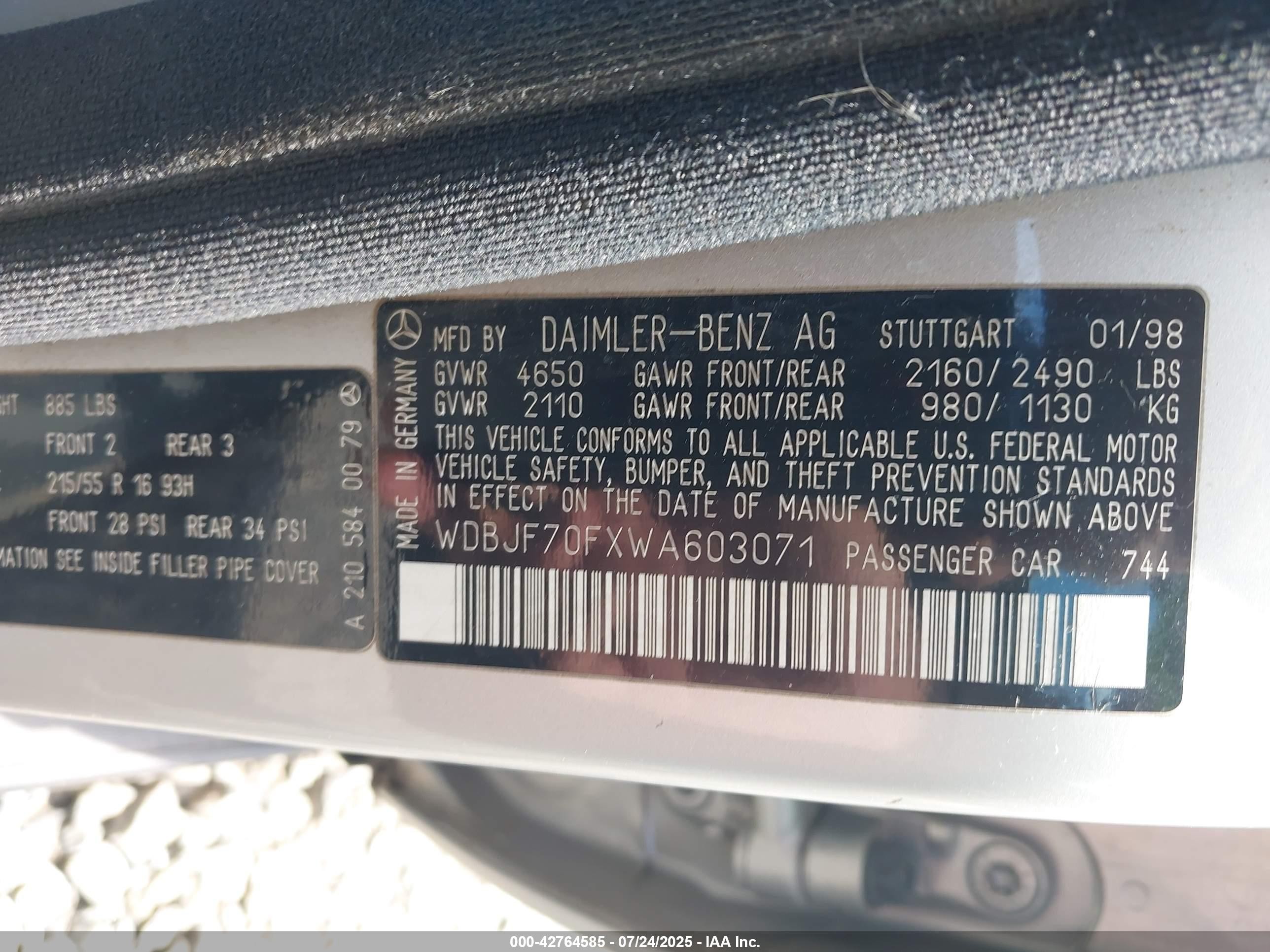 1998 Mercedes-benz E 430   Silver vin: WDBJF70FXWA603071