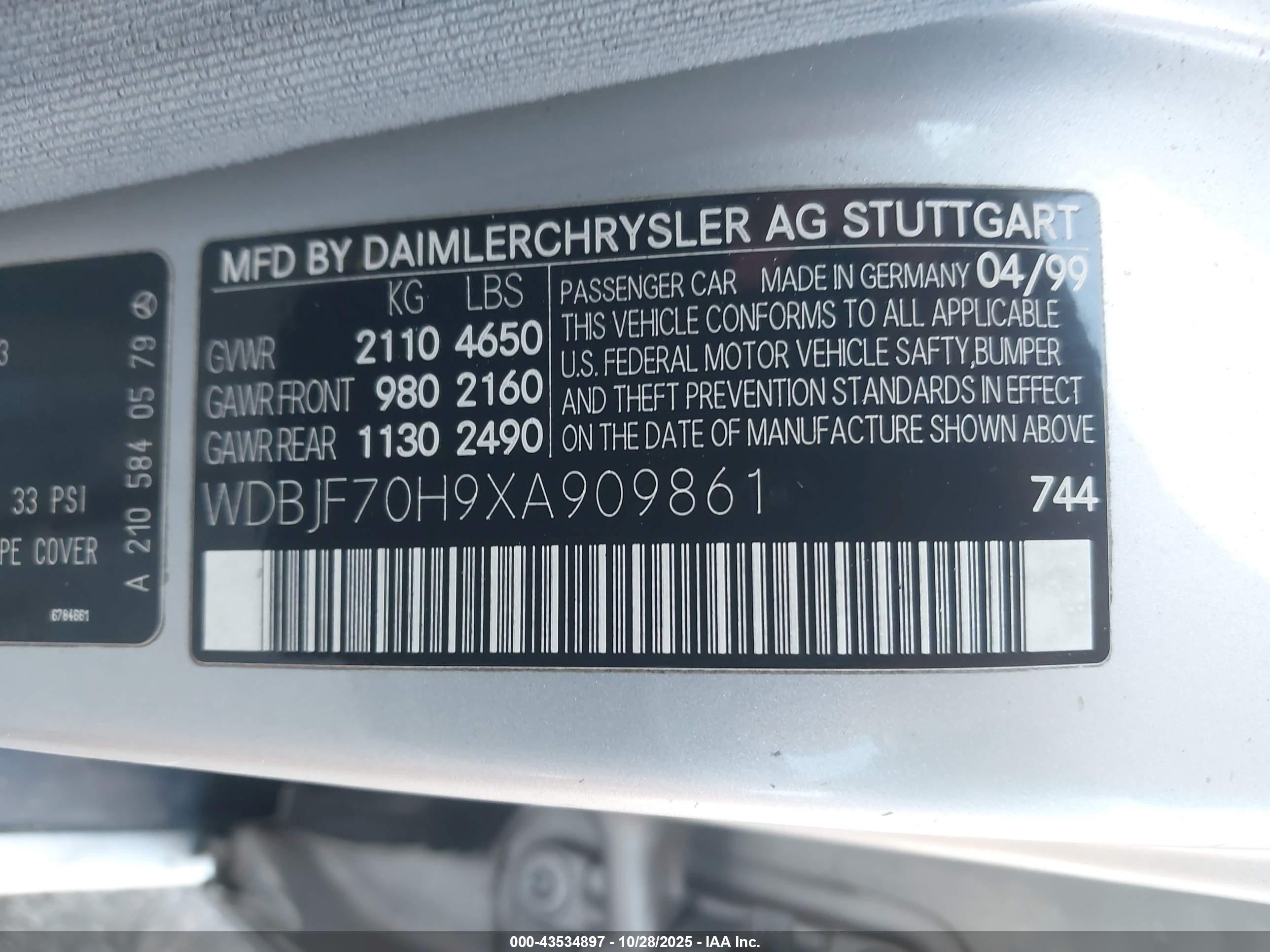 1999 Mercedes-benz E 430   Серебряный vin: WDBJF70H9XA909861