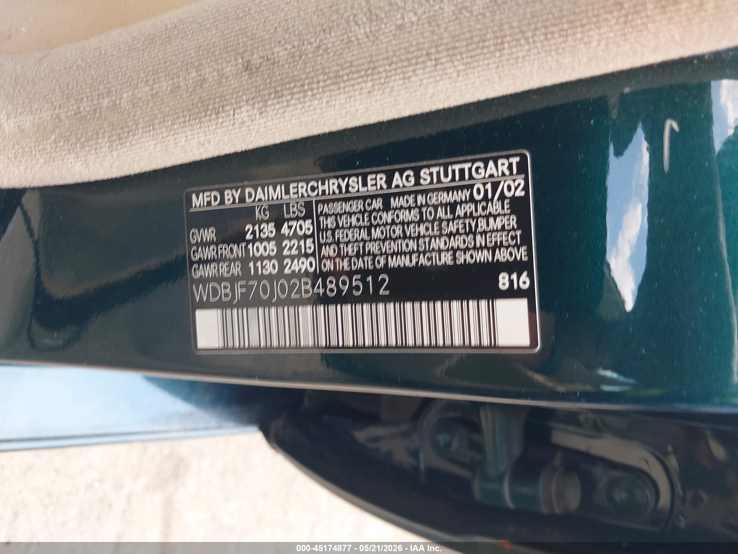 2002 Mercedes-benz E 430 Special Edition Green vin: WDBJF70J02B489512