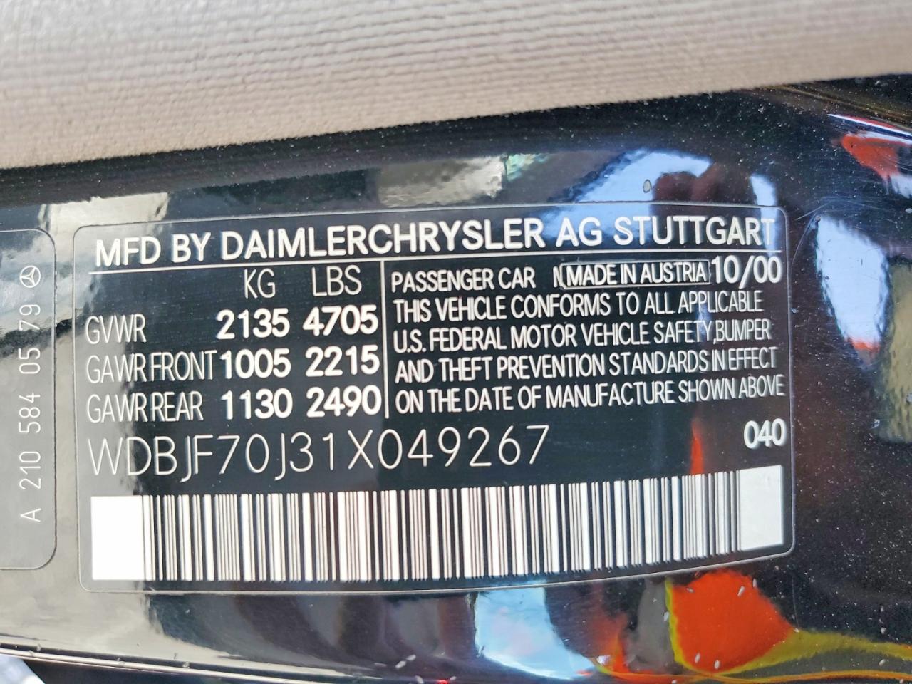 2001 Mercedes-benz E 430 Черный vin: WDBJF70J31X049267