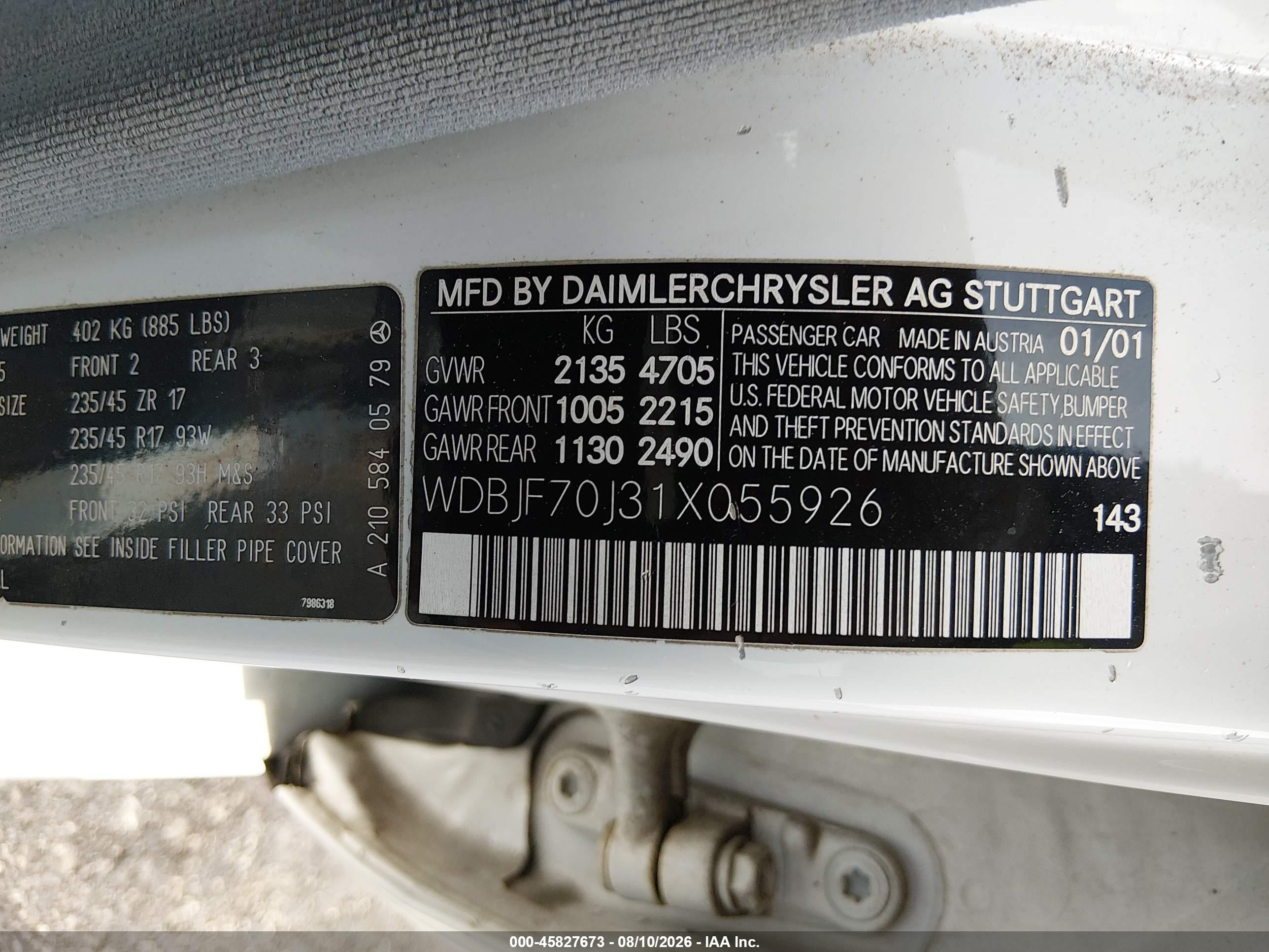2001 Mercedes-benz E 430   White vin: WDBJF70J31X055926