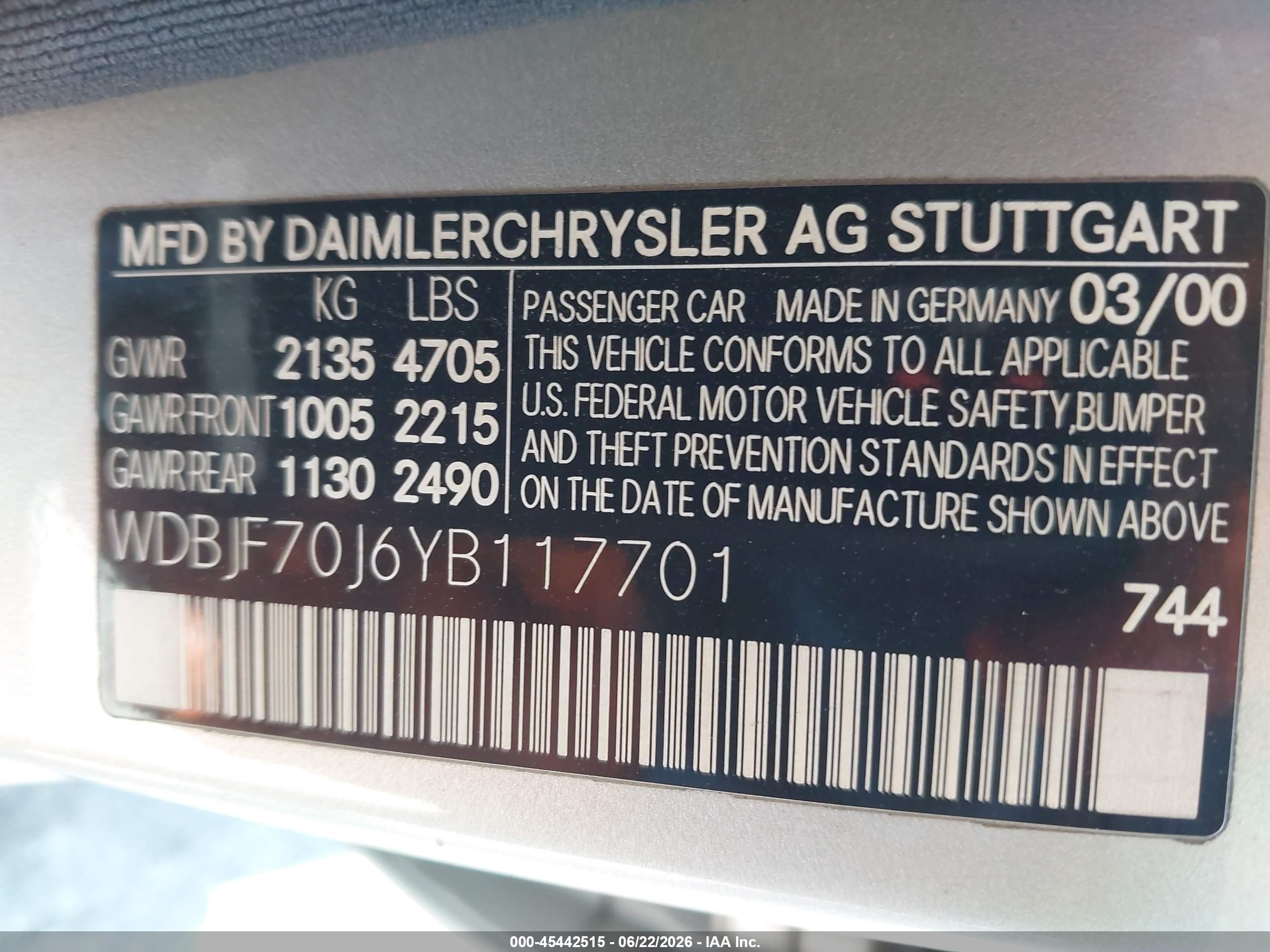 2000 Mercedes-benz E 430   Серый vin: WDBJF70J6YB117701