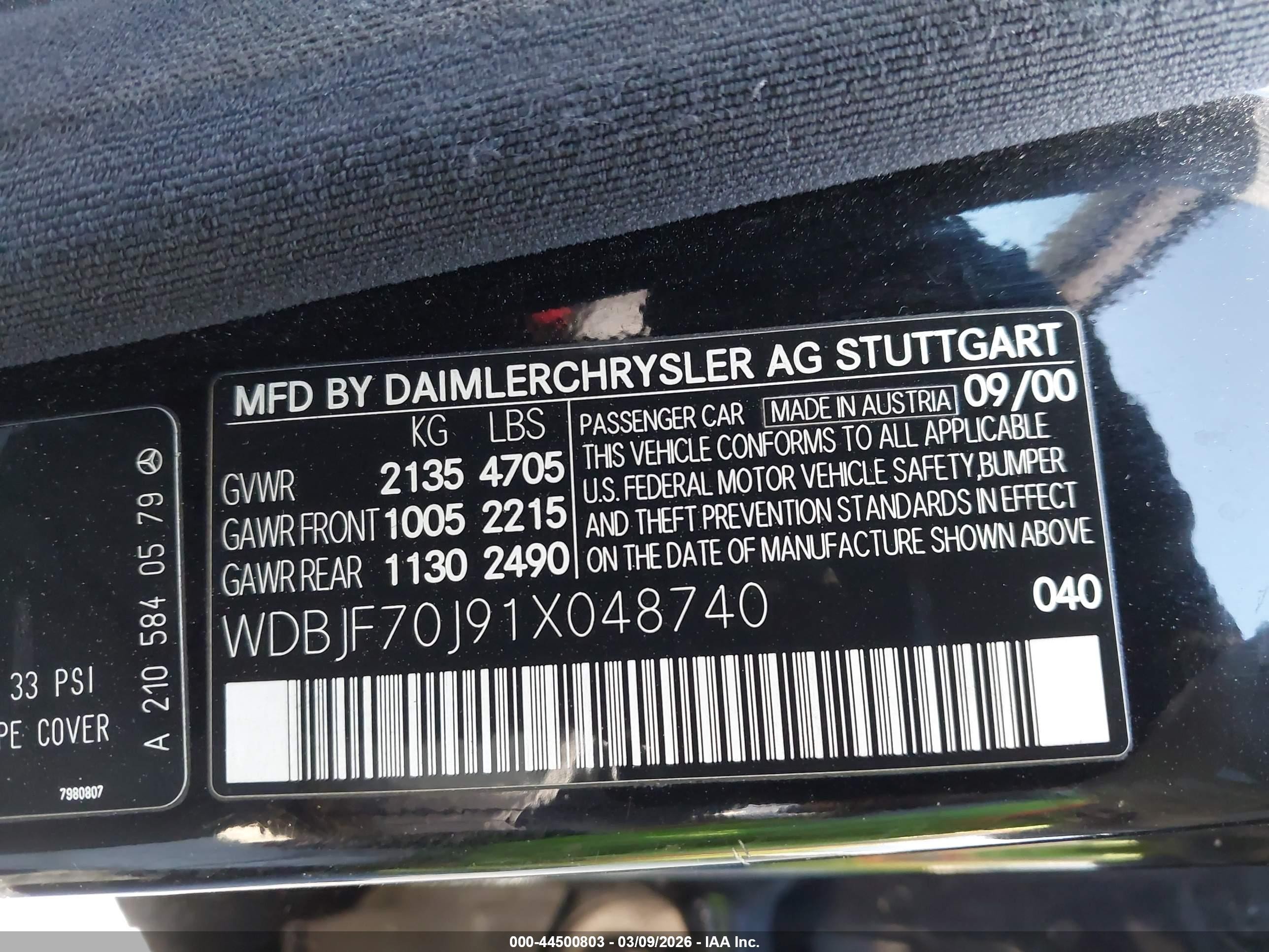 2001 Mercedes-benz E 430   Black vin: WDBJF70J91X048740